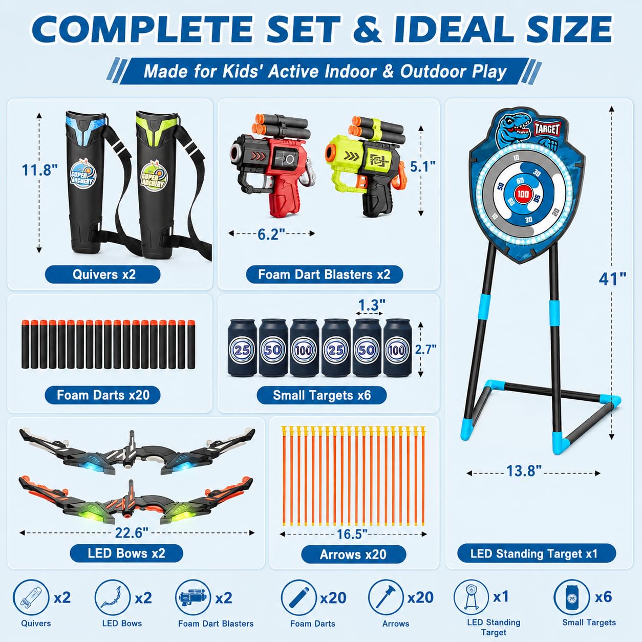 Kit de tir à l'arc LED pour enfants de 4 à 12 ans – Comprend un arc et des flèches, cible debout – Jouet de sport de plein air parfait pour garçons et filles (bleu/vert)