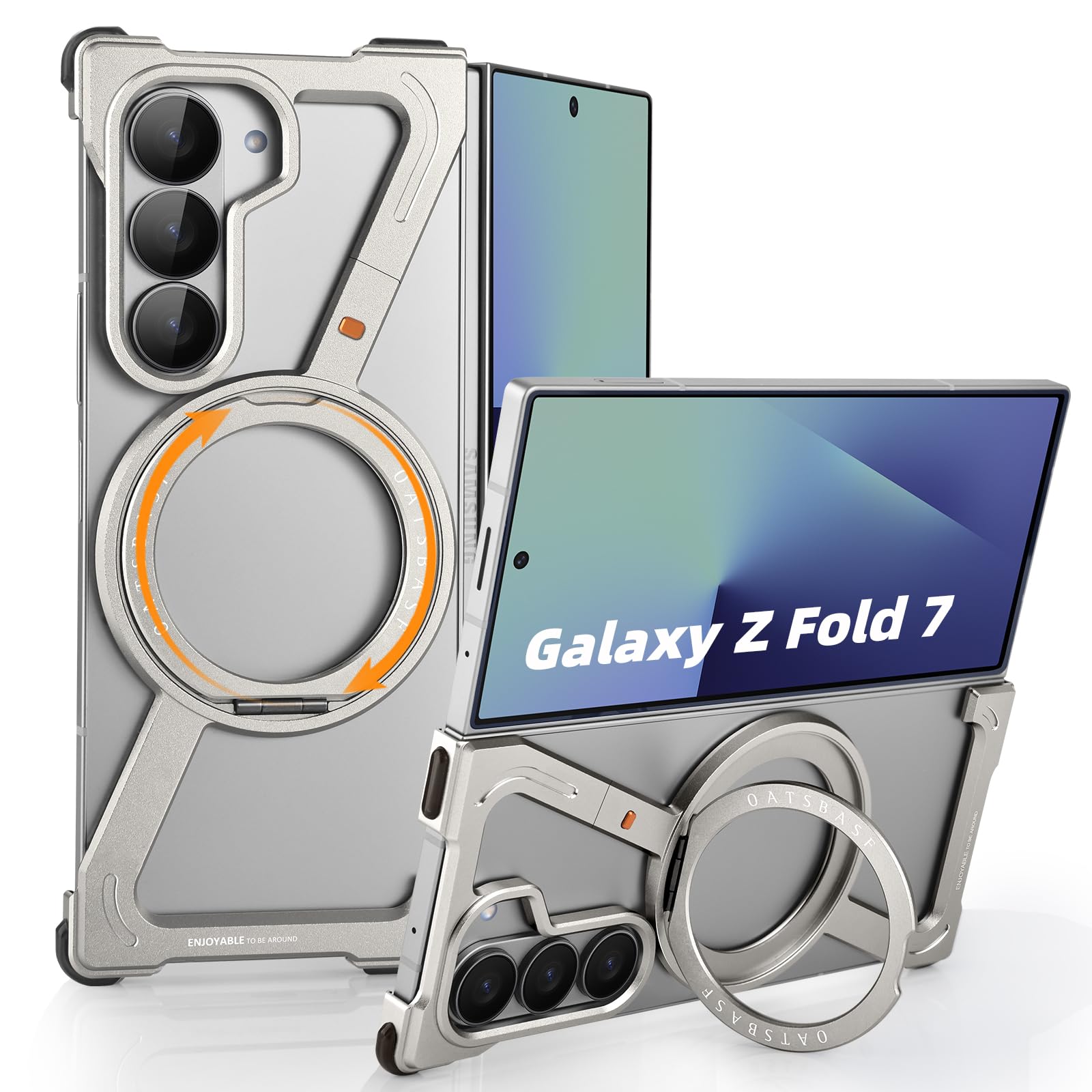 Etui do Samsung Galaxy Z Fold 7 ze stojakiem, magnetyczna obrotowa podpórka Z Fold7 etui bez ramy, aluminiowa metalowa smukła obudowa na telefon do Galaxy Z Fold 7, srebrne