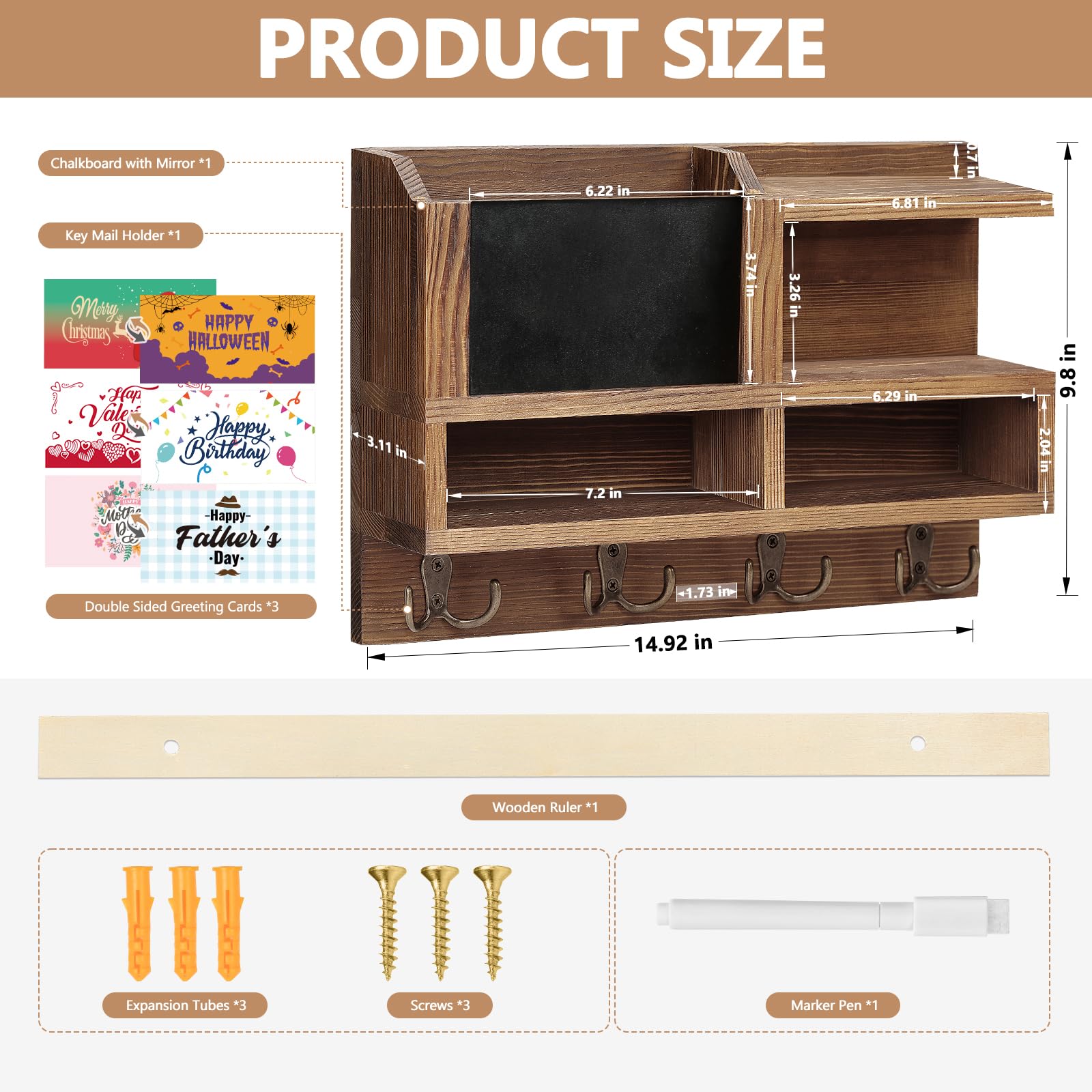 Uchwyt ścienny na klucze, drewniany uchwyt na klucze z tablicą kredową, lustrzane kartki okolicznościowe, organizer na klucze z 8 haczykami na klucze, półka do przechowywania, do przedpokoju,