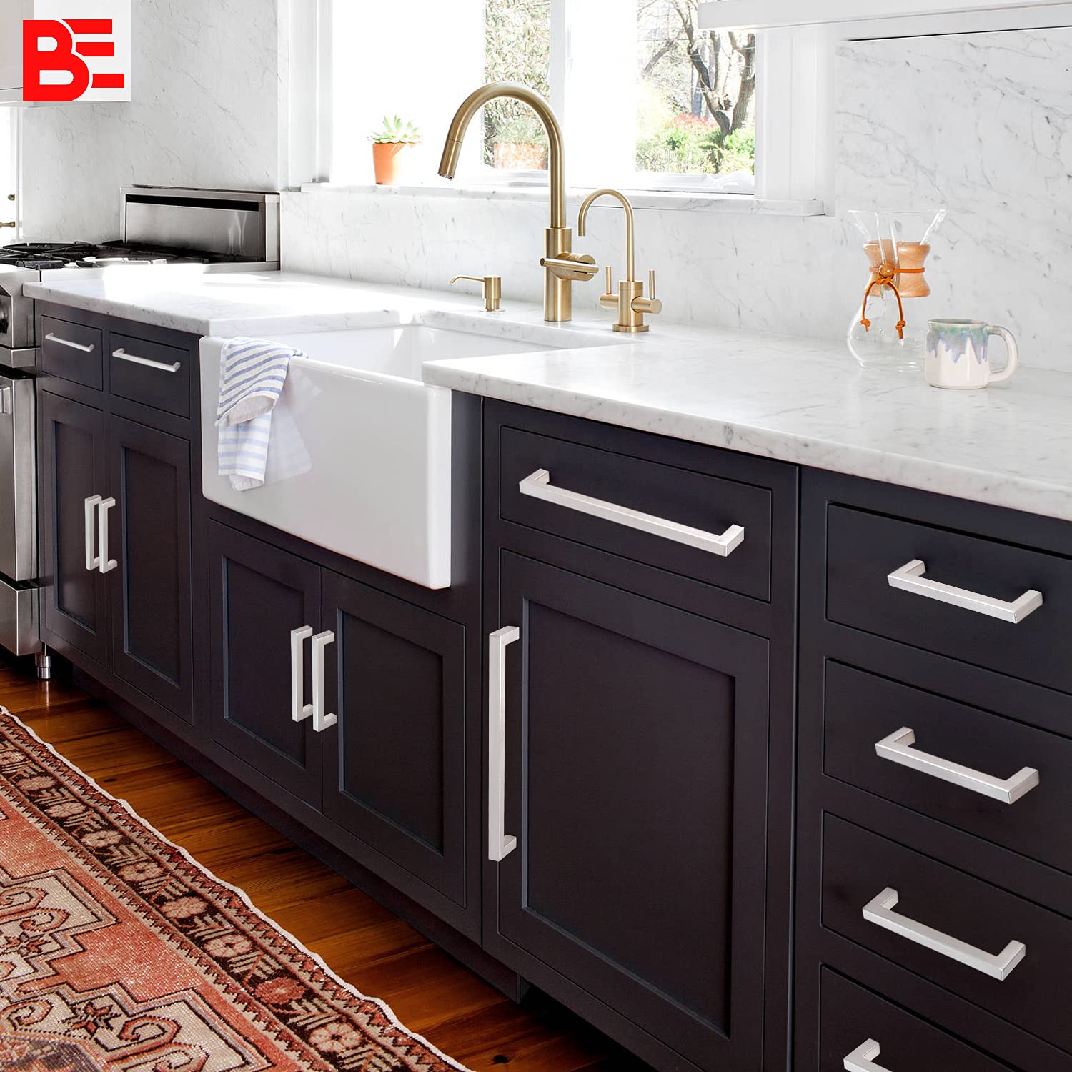 BE 10 Pack Square Cabinet Pull,Satin Nickel, Solid Zinc Alloy, Total Length 5.39"/Hole Center Distance 5.04"(128mm),for Drawers,Kitchen cabinets,Dresser,Cupboard,Closet,Wardrobe