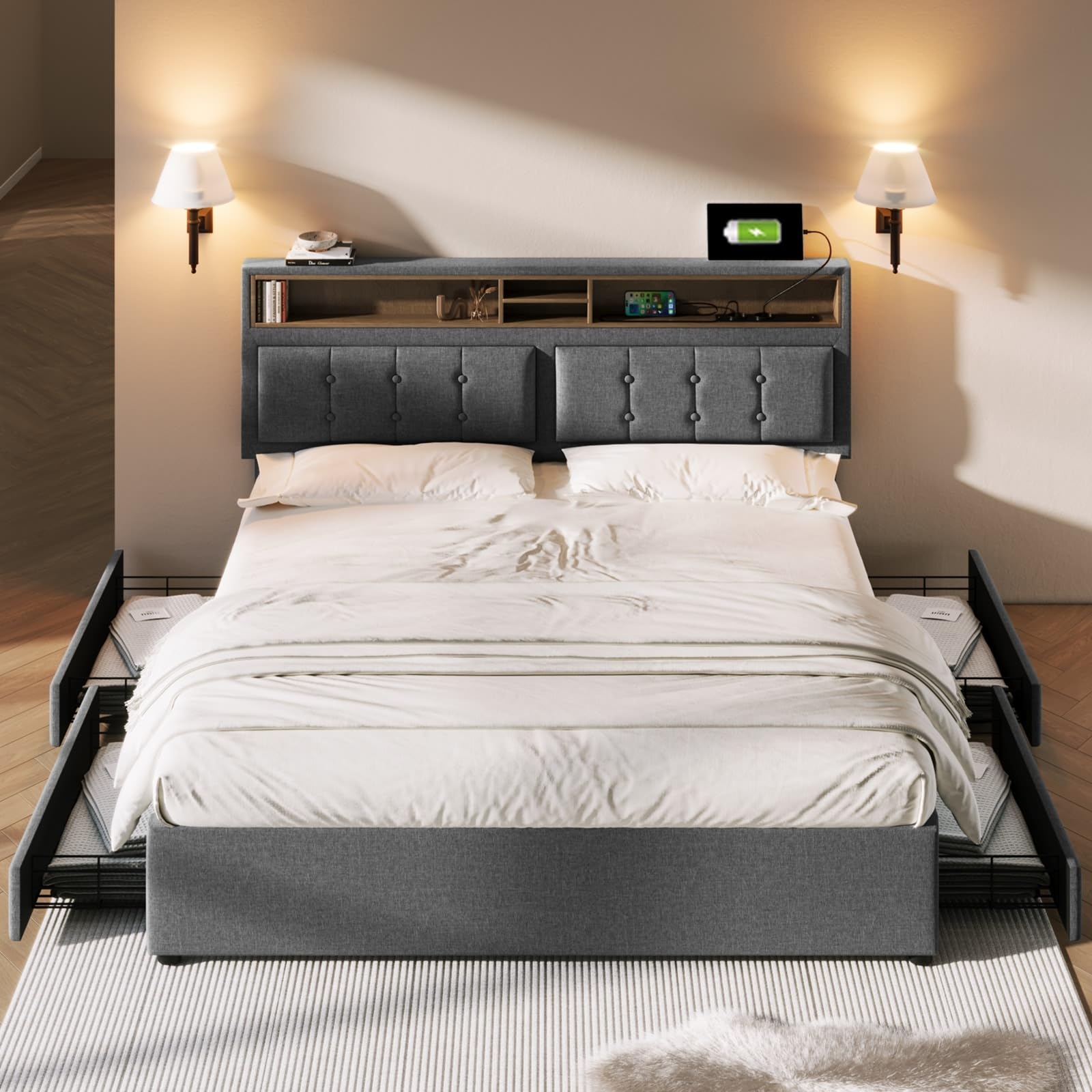 Lit Double 160x200 Cm Avec Tête De Lit Rembourrée, Tiroirs Et Prise USB-C - Cadre Avec Sommier Lattes, Fourrure Synthétique, Capacité 300 Kg