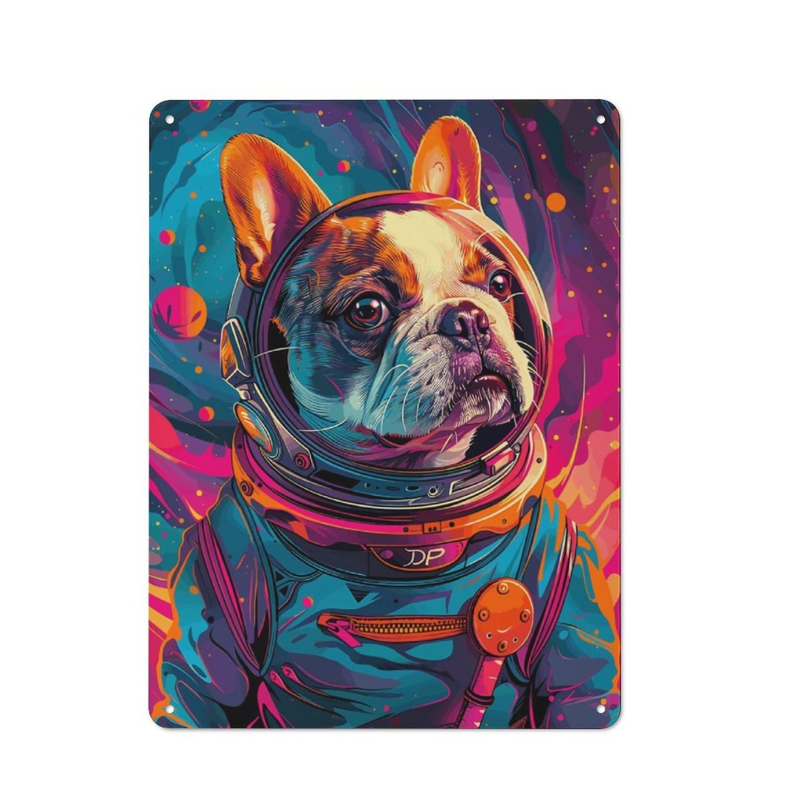 Junmoney French Bulldog Astronaut Metal Plaque 40X30cm With For Pub Or Café, Rustic Decor, For Garage, Workshop And Man Cave Decoration