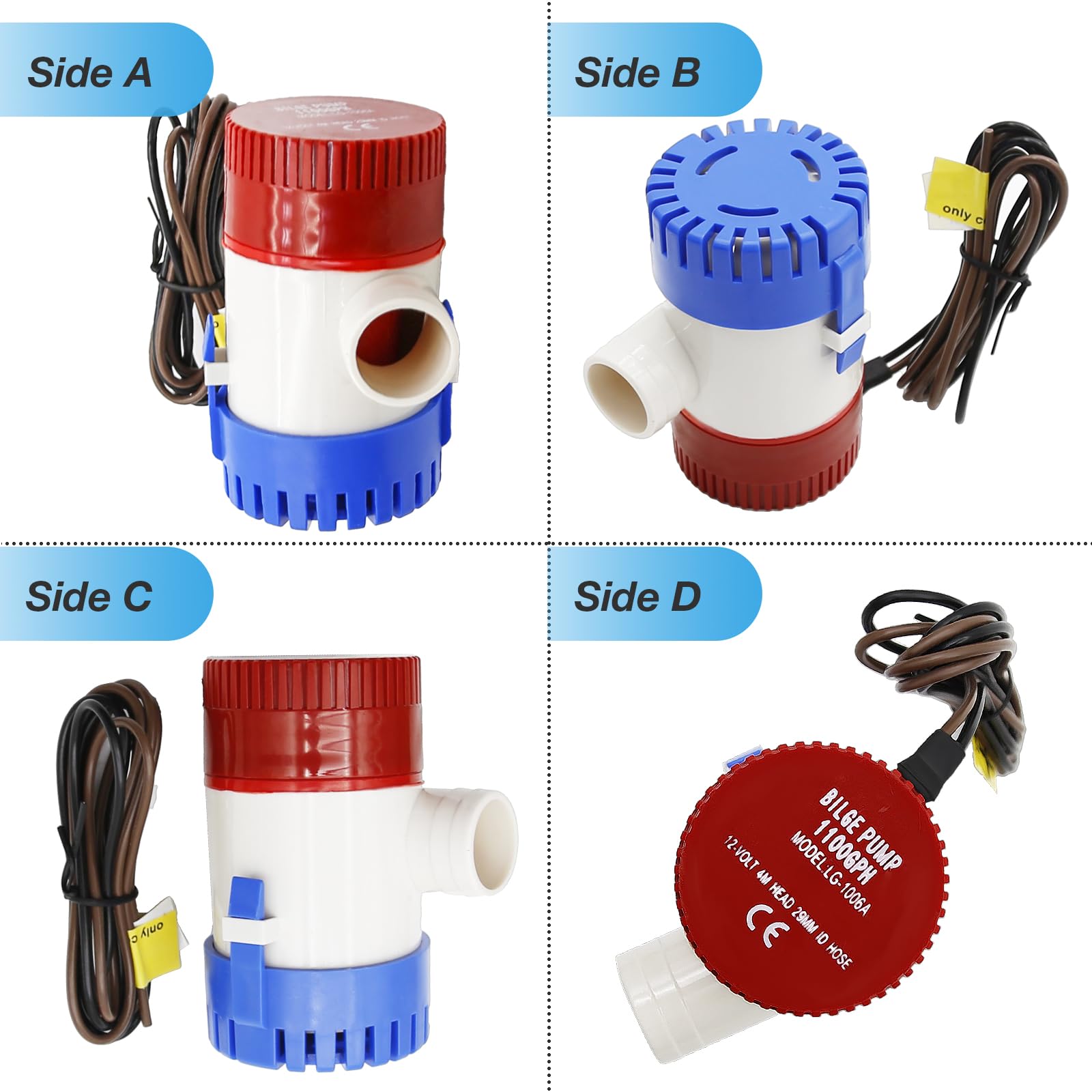 Bomba de Achique Agua, Bomba de Agua de Sentina Sumergible para Barco, Kit de Fontanería, Bomba de Sentina de PVC, Manguera de 12 V, 2 Abrazaderas de Manguera a través del Casco