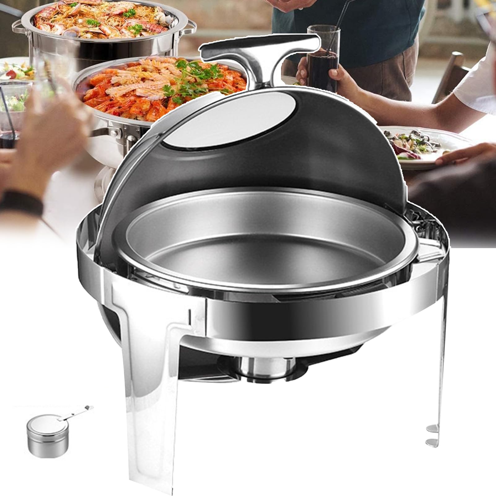 Juego De Buffet para Chafing Dish: 6 L, Calentador De Alimentos Redondo para Catering, Calentado con Alcohol, Giro Suave/0-180 °, Fácil De Limpiar, para Fiestas,Silver