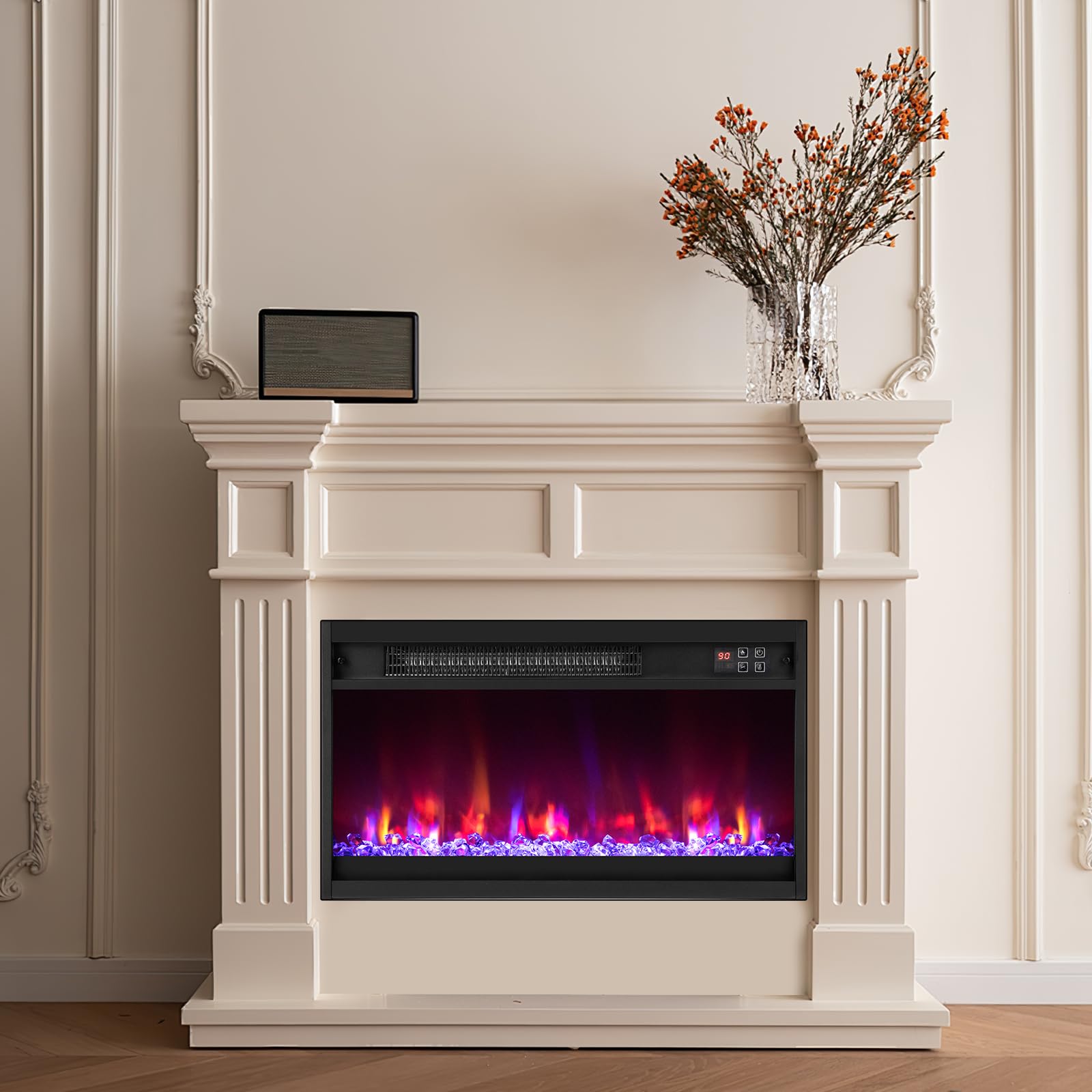 SOARS Camino Elettrico 1500W, Caminetto Elettrico con Effetto Fiamma LED a 8 Colori, 3 Livelli di Luminosità,17-32℃, Protezione Anti Surriscaldamento, Telecomando (60,9 X 11,8 X 34,2 CM)
