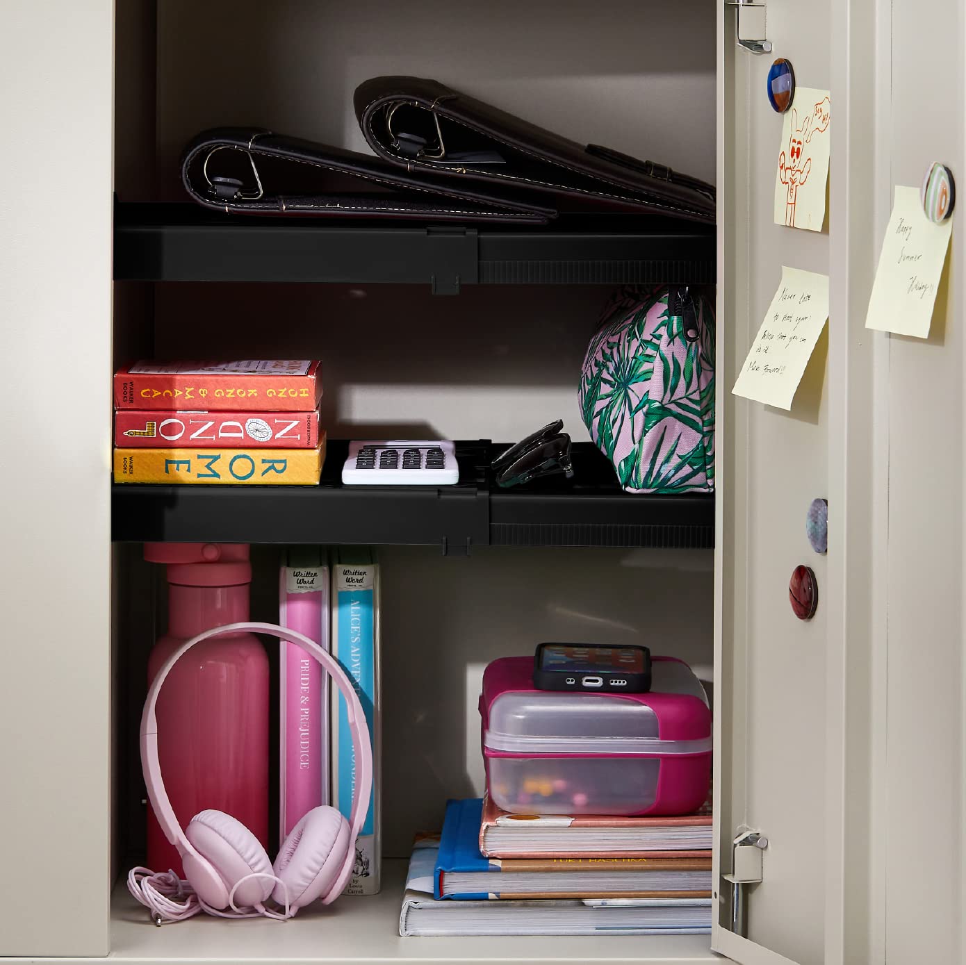 LockerMate Adjust-A-Shelf Locker Shelf, Extends to Fit Your Locker, Easy to Use, Perfect for School, Office, Gym, Black, 2-Pack