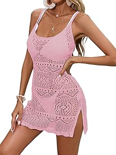 Womens Crochet Coverup Mini Dress with Slit