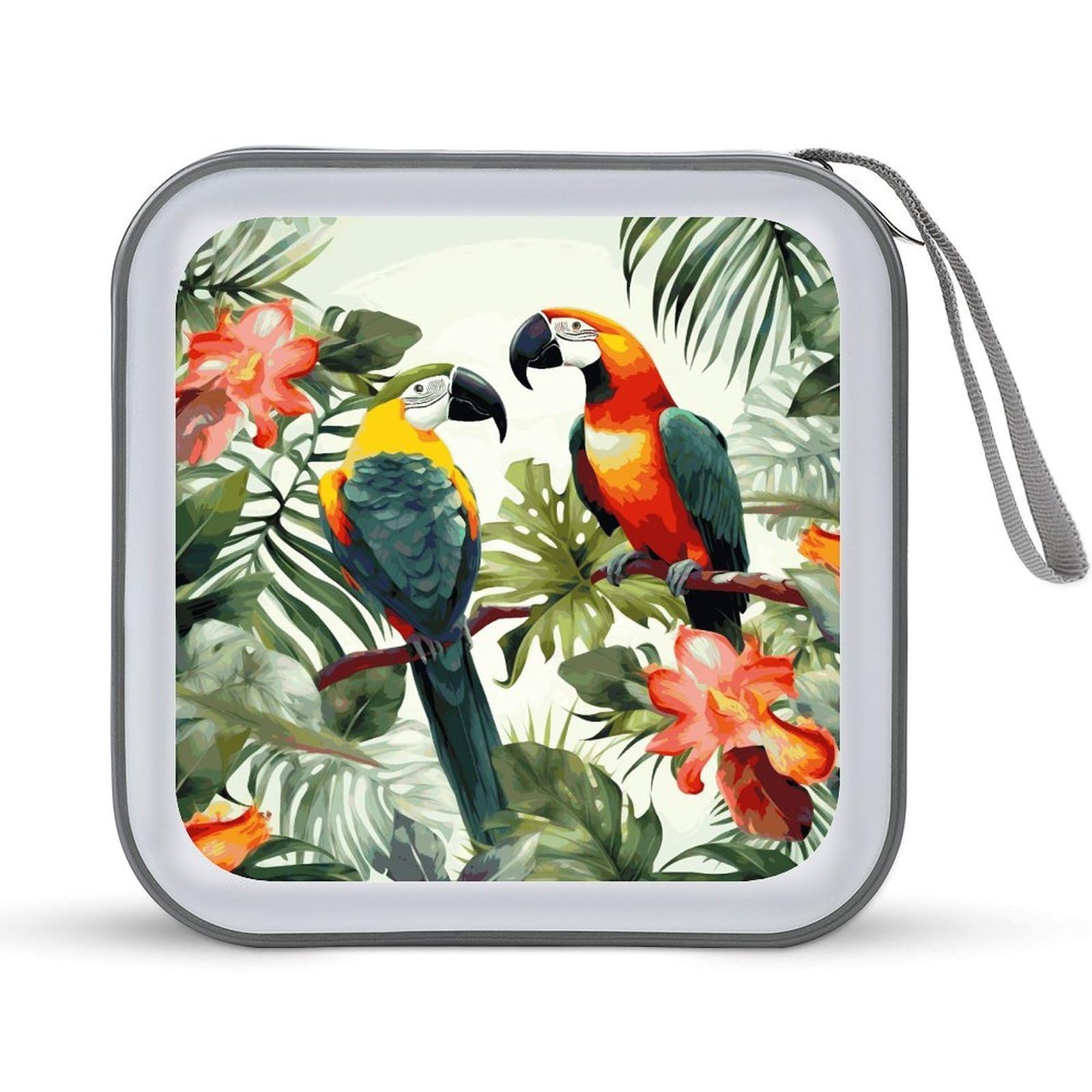JTREHY Toucans Parrot Palm Tree Leaves CD Case 40 Capacity Case Zipper CD Collection Bag with Handles Cover DVD Storage Hard Plastic DVD Disc Cases Storage Binder for Car Home Office Travel