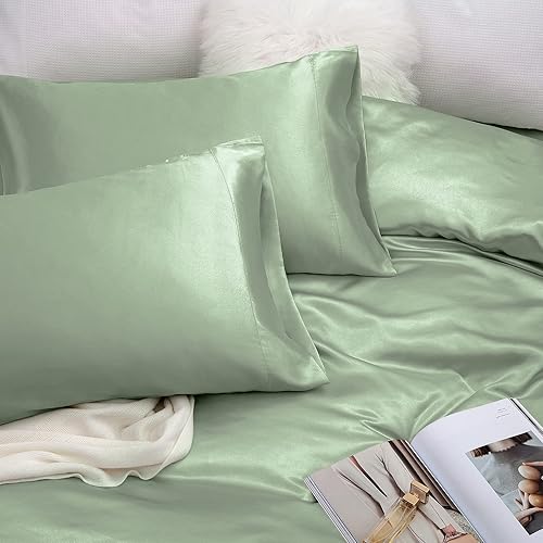 Vista 144 de Vonty Satin Sheets King Silky Soft Satin Bed Sheets Amber Beige Sheet Set, 1 Deep Pocket Fitted Sheet + 1 Flat Sheet + 2 Pillowcases