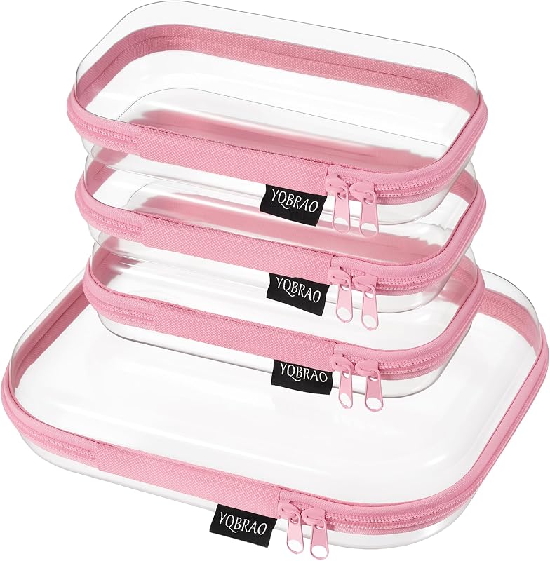 YQBRAO Conjunto com 4 estojos transparentes rígidos com zíper, 1 médio e 3 pequenos, Pink