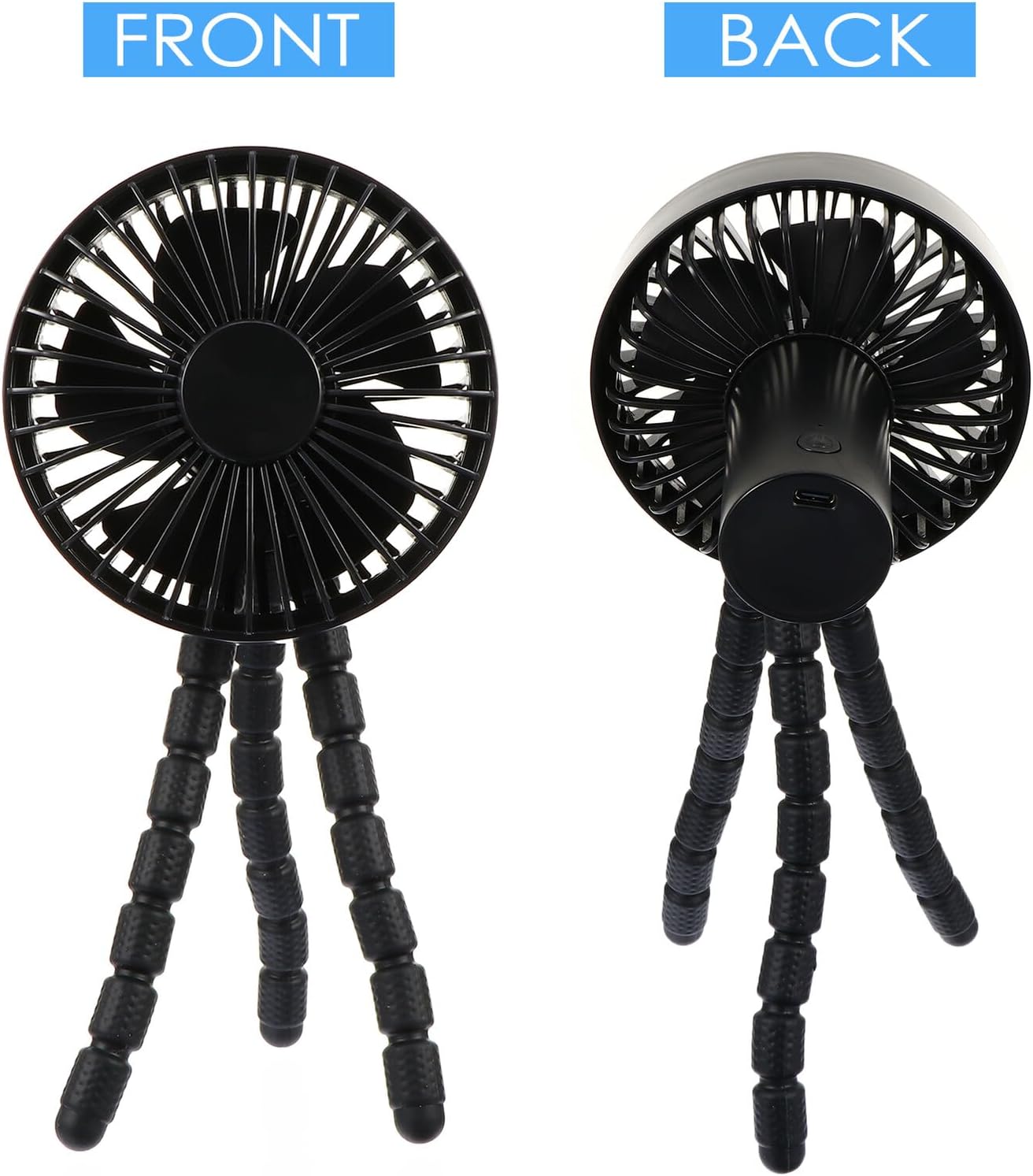 Portable Stroller Fan with Tripod Mini Clip-on Cooling Fan, USB Rechargeable Handheld Personal Air Cooler for Outdoor Travel and Office Use, Black