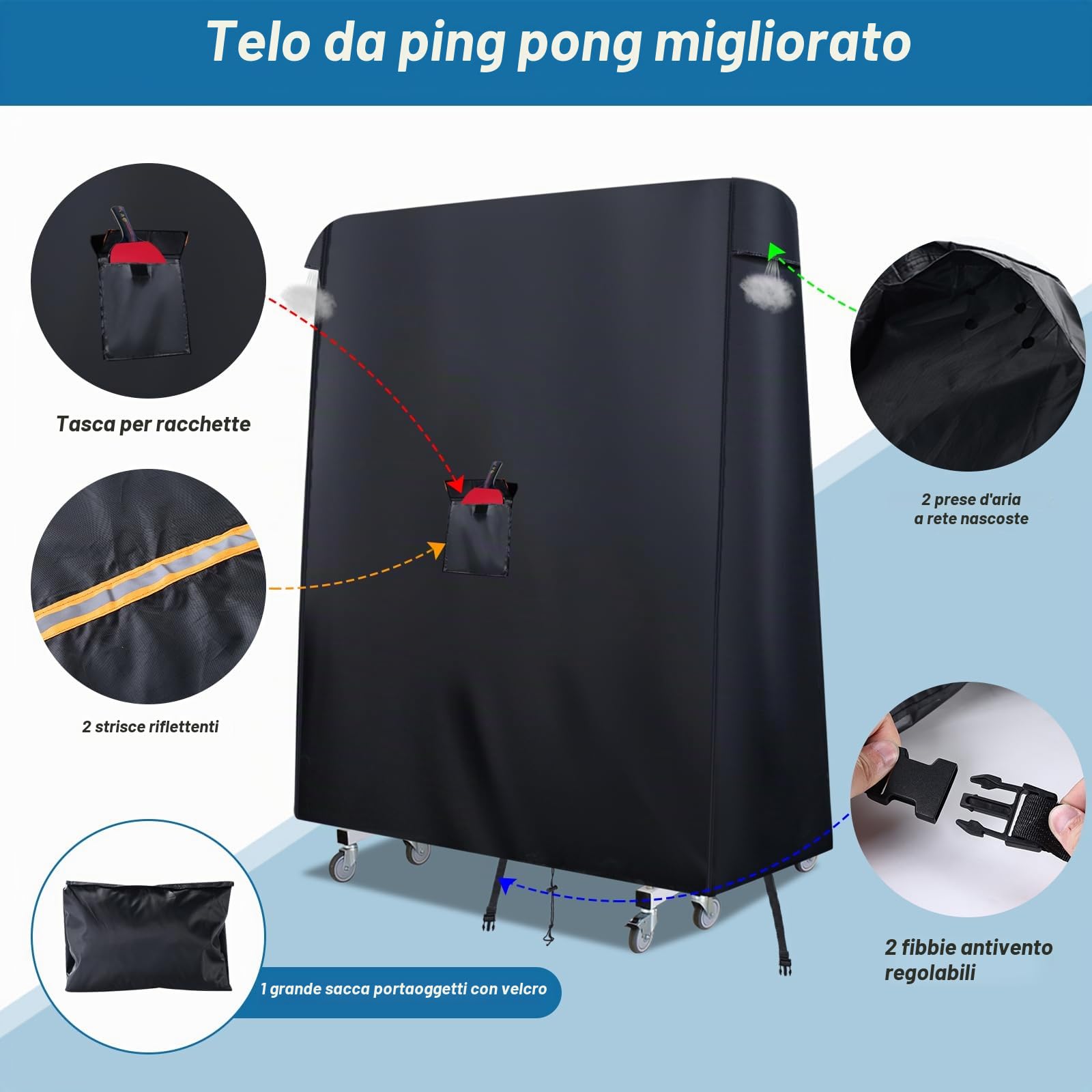 Copertura impermeabile per tavolo da ping pong, 420D, con 2 fibbie antivento, tasca per pagaia e presa d'aria, copertura universale per tavolo da ping pong, 165 x 70 x 185 cm