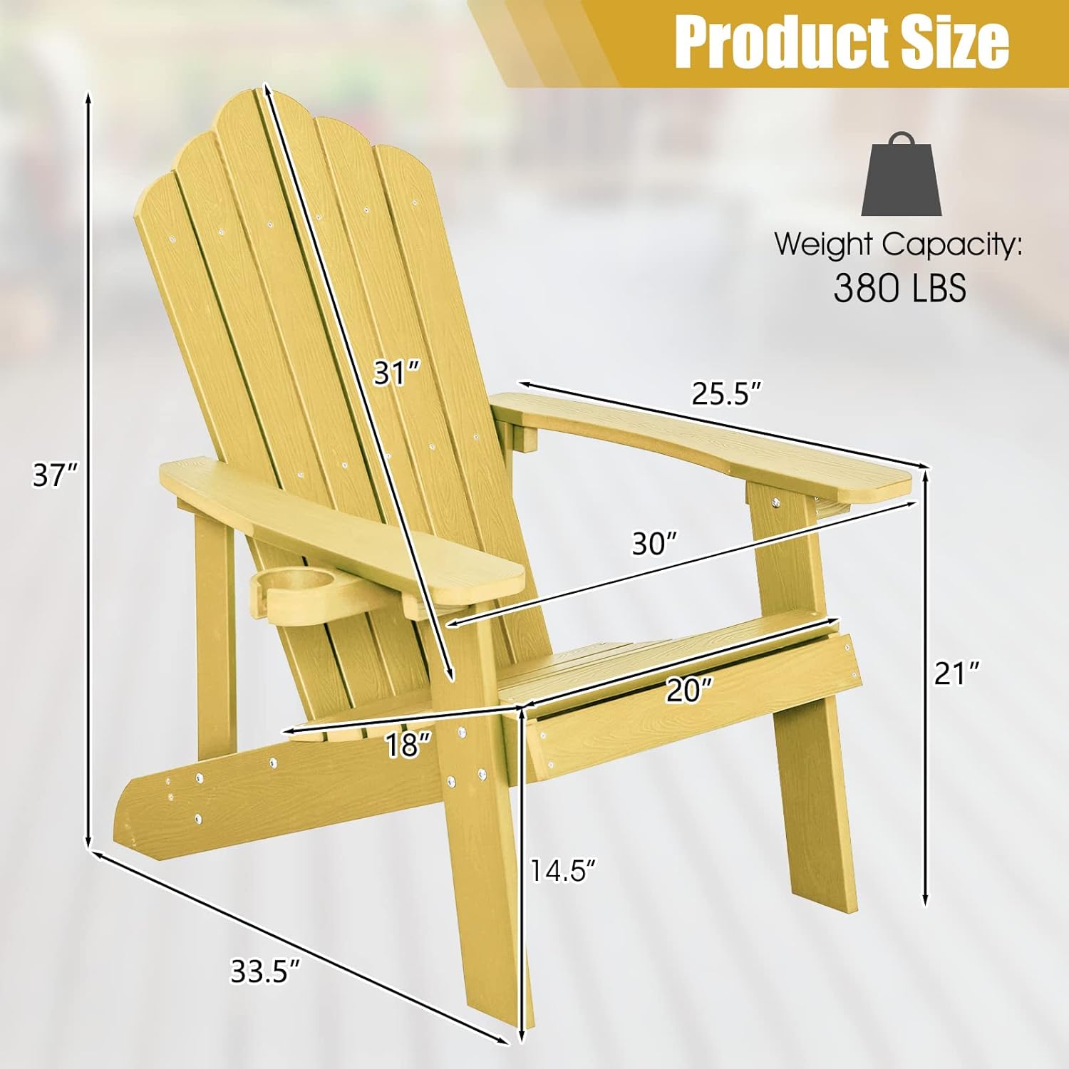 Giantex Outdoor Adirondack Chair - Oversized Patio Chairs w/Hidden Cup Holder, Realistic Wood Grain, 380 LBS Weight Capacity, Weather Resistant Firepit Chairs for Backyard, Garden (2, Yellow)
