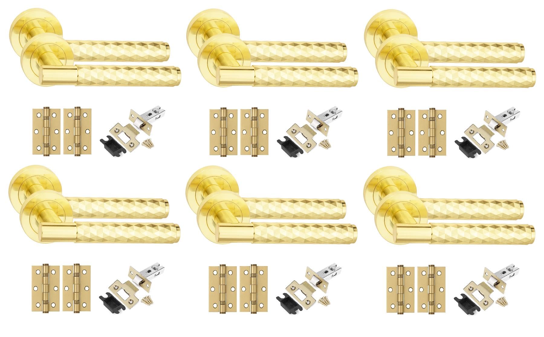 Golden Grace 6 Set Knurled Diamond Cut T-Bar Door Handles with Latch and Ball Bearing Hinges Satin Brass Finish