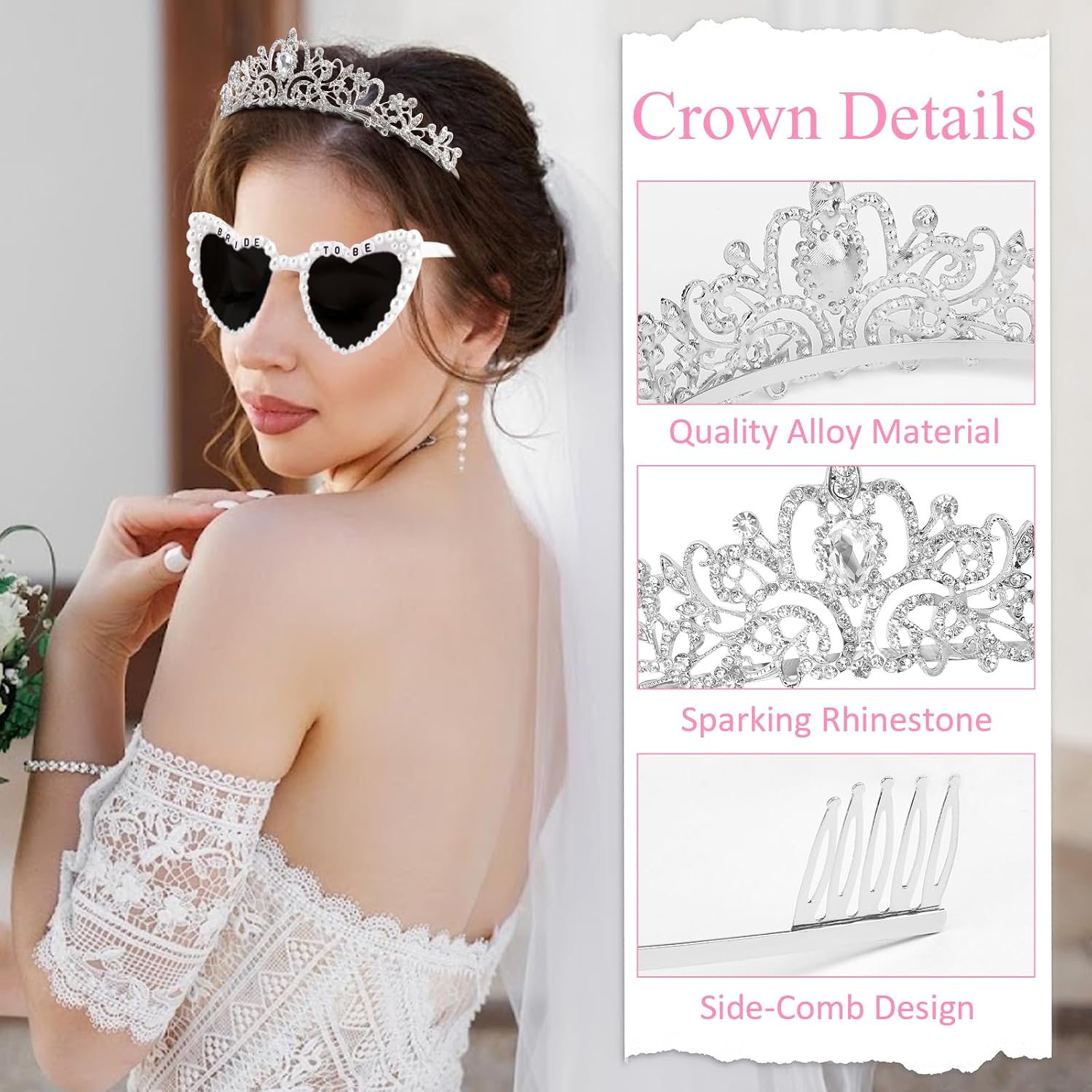 KICOSY Bride To Be 3-Piece Set - Crystal Tiara, Pearl Heart Sunglasses & Rhinestone Sash for Bachelorette Party, Bridal Shower & Wedding Celebrations image 5