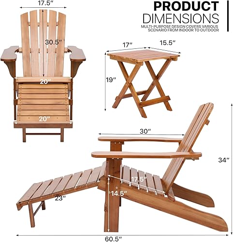 Miniatura 3 de MoNiBloom Juego de sillas Adirondack de teca con mesa y otomana retráctil, sillas Adirondack de madera de abeto al aire libre con otomana resistente