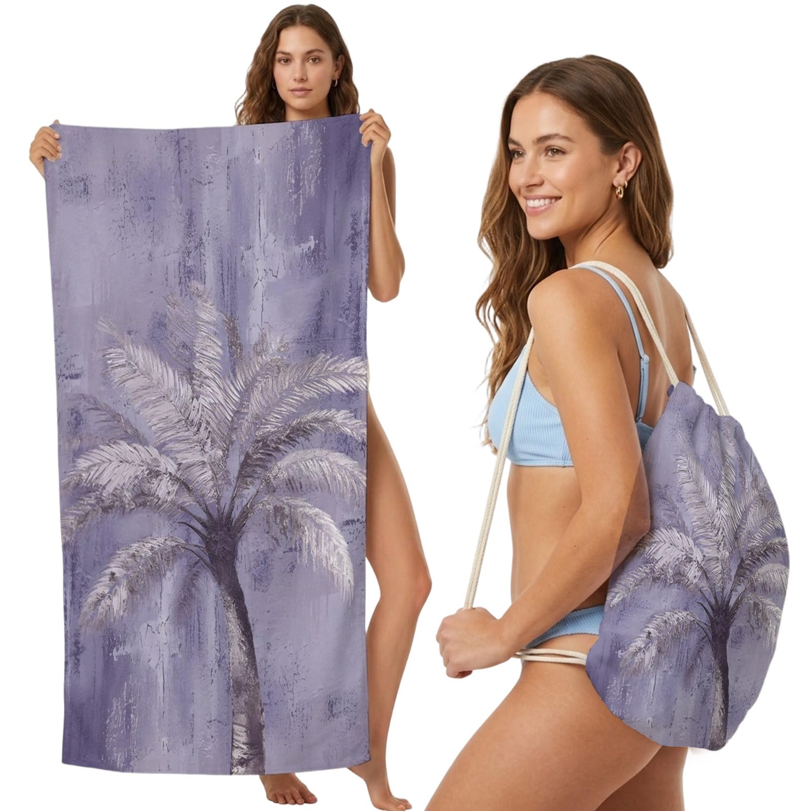 FWJZDSP Beach Towel Backpack, Exotic Palm Tree on Lavender Purple 2-in-1 Foldable Soft Microfiber Quick Dry Beach Towel 31.5x63in Abstract Botantical Lightweight Pool Towels Bag for Travel, Yoga, Gym