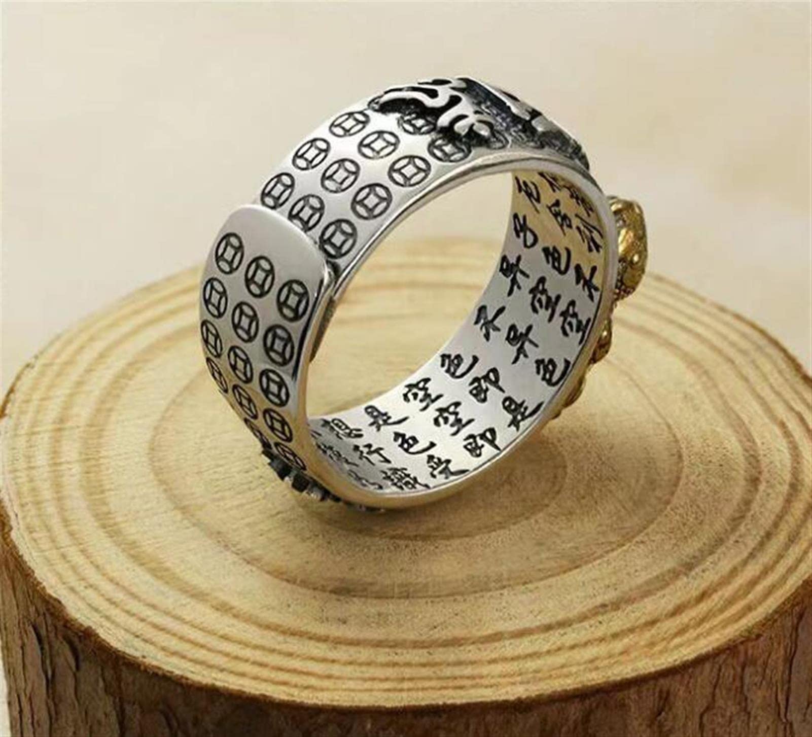 Chiński Pierścień Szczęścia Feng Shui ， Feng Shui Pixiu Mantra Pierścień S Srebrny Buddyjski Amulet Szczęścia Mantra Podwójna Ochrona Bogactwo Miłość Zdrowie Pierścień Prezent dla Mężczyzn Kobiety, Zł