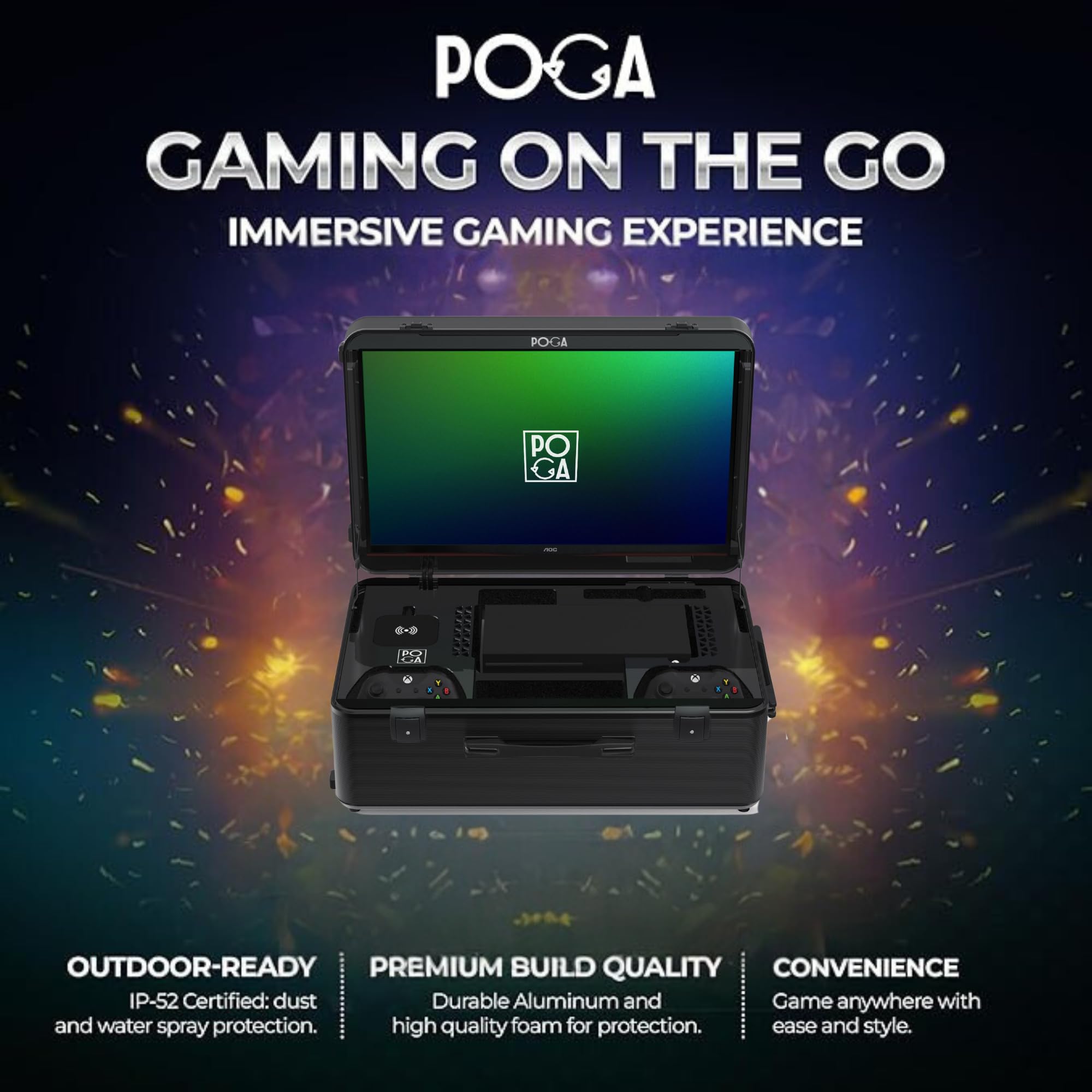POGA SLY Black - Gamingkoffer (kompatibel mit Xbox Series X) inkl. Trolley und 24'' AOC Gaming Monitor - Schwarz