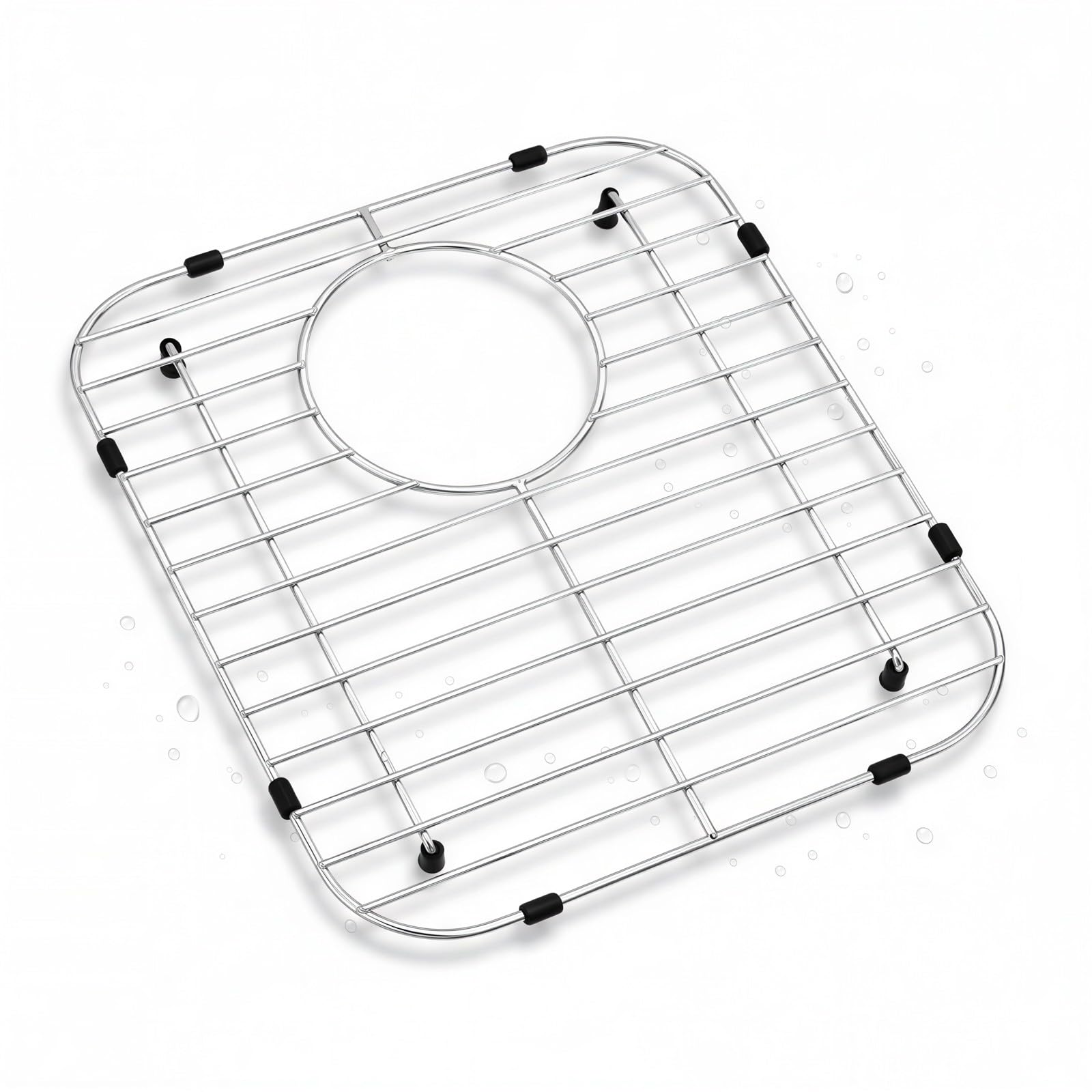 Griglia di protezione per lavello in acciaio inox, 33 x 30 cm, griglia in metallo con foro di scarico posteriore, piedini in silicone antiscivolo, griglia per lavello singolo