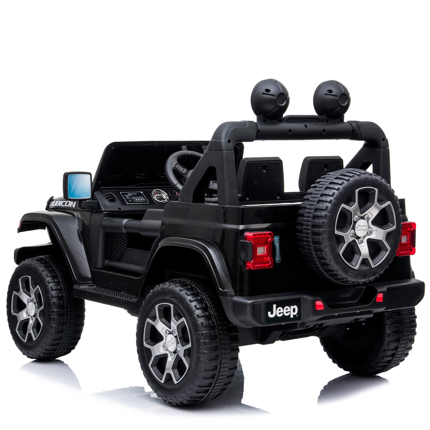 Auto Elettrica Bambini Jeep Wrangler Rubicon 12V 2 Posti con Licenza Ufficiale Ruote in Gomma EVA Sedile in Pelle Telecomando 2.4GHz Luci LED Bluetooth MP3 USB Porte Apribili Full Optional (Nero)