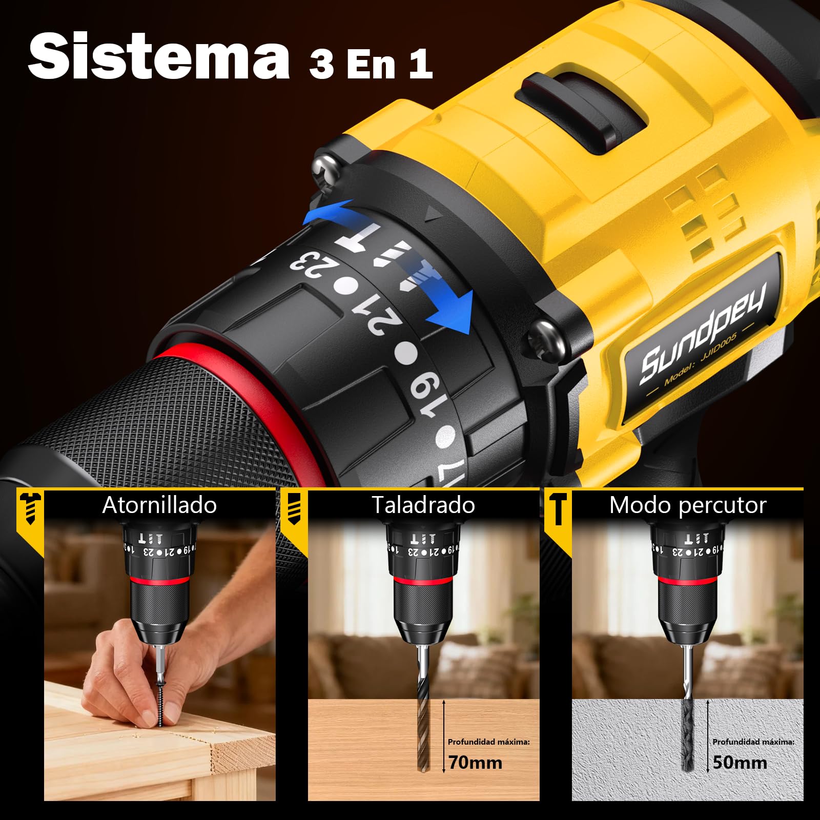 Sundpey Taladro Percutor a Bateria 70Nm - 21V Sin Escobillas Taladro Atornillador con 2 Baterías 2.0Ah, 23+3 Ajustes, 2 Velocidad, Luz LED, Destornillador Eléctrico Inalámbrico para Hogar Bricolaje