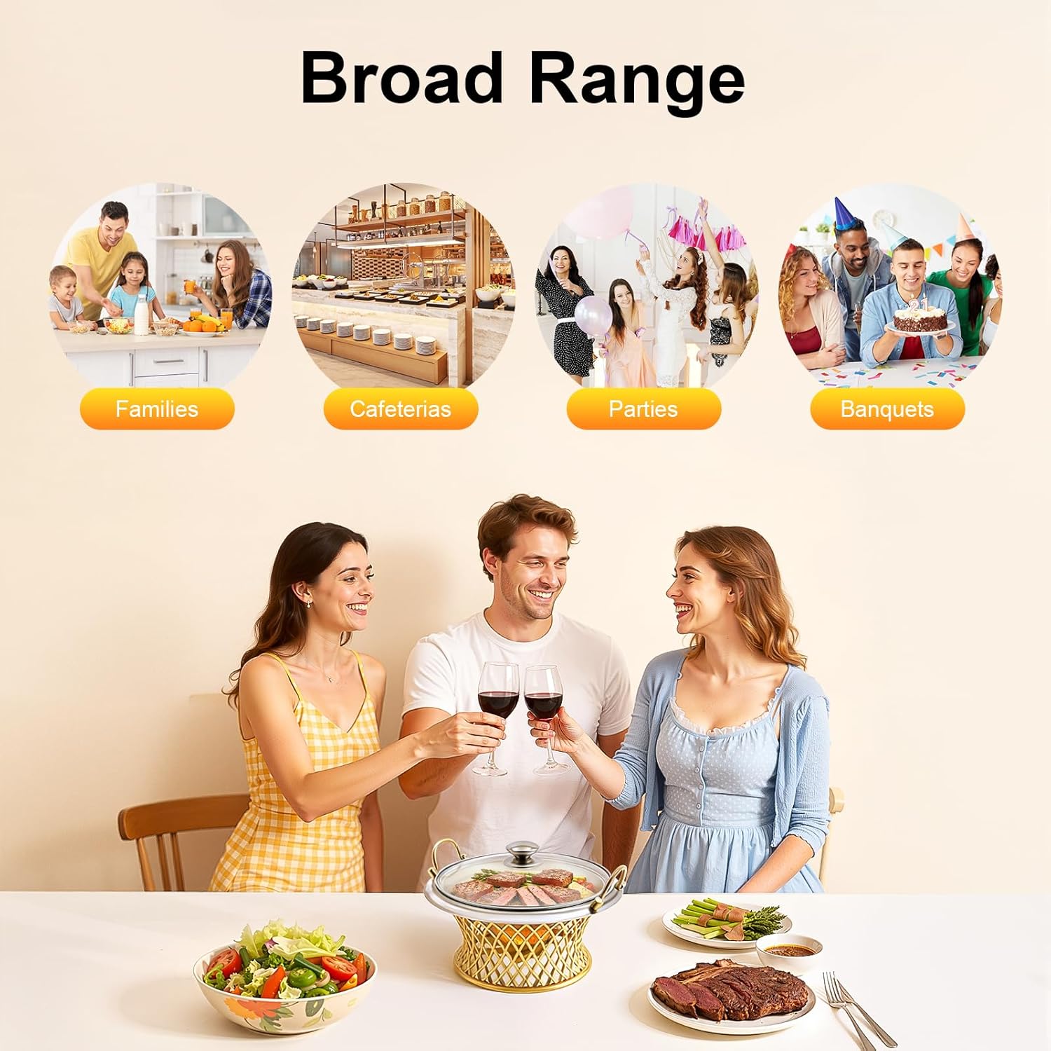 Buffet Chafing Dish, Round Stainless Steel Chafing Dish with Glass Lid, Portable Food Warmer for Parties Banquets Events Dinner (Gold)