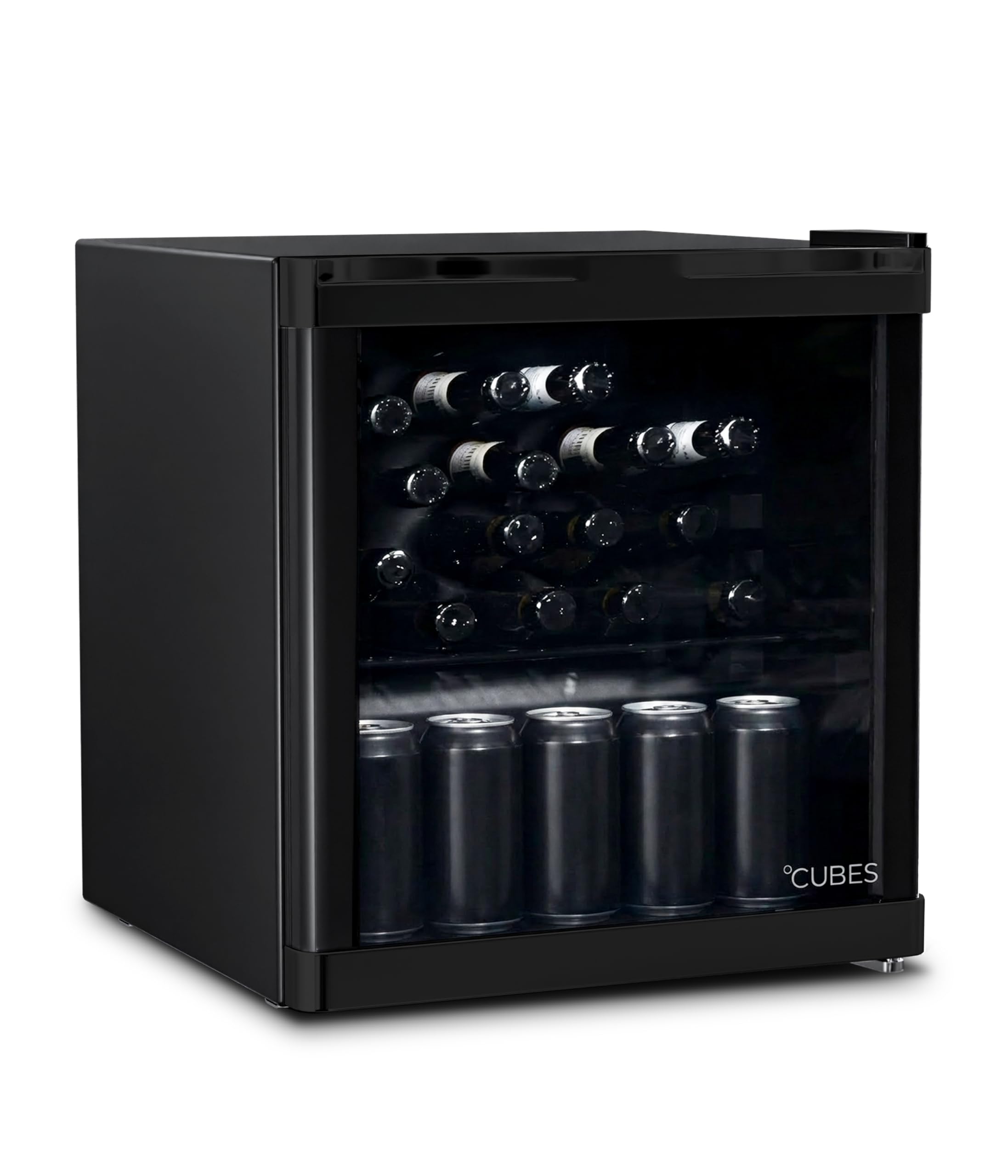 °CUBES Mini Kühlschrank 48 L Schwarz – Eleganter Getränkekühlschrank mit Glastür & 1 variabler Ablage | Leise & energieeffizient (39 dB) | Perfekt für Büro, Küche, Gaming & Bar | Stilvolles Design