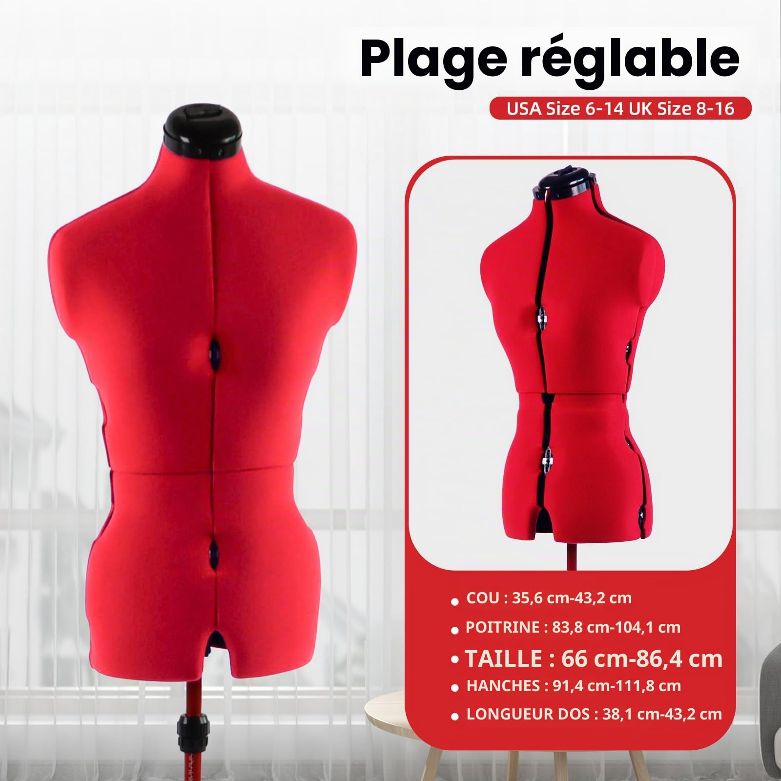 Mannequin de Couture réglable, Tailles 6 à 14. Buste Ajustable avec 13 roulettes, Corps épinglable, Base roulante Amovible et Hauteur réglable de 108 à 152 cm. Tailles S à M