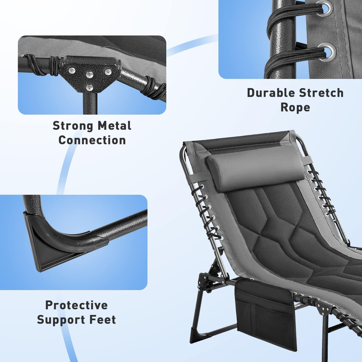 Flamaker Folding Chaise Lounge Outdoor Portable Lounge Chairs 4-Position Adjustable Camping Lounge Chair with Pillow & Side Bag Lightweight Recliner Sunbathing Chair for Pool Beach Deck (Grey)