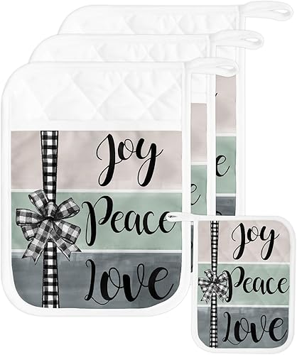 Merry Christmas 3Pcs Pot Holders for Kitchen,Non Slip & Heat Insulation Terry Cloth Potholder Set with Pocket,Thick Hot Pad Oven Mitts Trivet