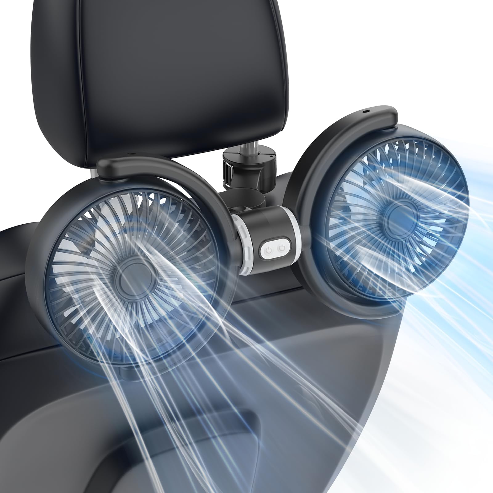 REBEAUQ 車用扇風機 後部座席用 双頭車載ファン 独立制御 3段階風量 360°角度調節可能 車載扇風機 USB給電 低騒音 ヘッドレストファン 空気循環 夏対策 車中泊対策 取付簡単 180mm配線 日本語説明書付き