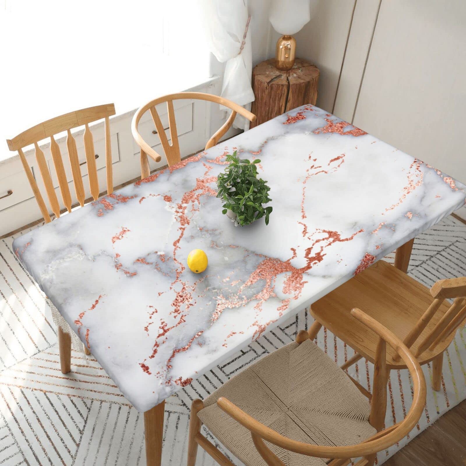 Rectangle Tablecloth 152x76cm For 5ft Dining Table Protector - Rose Gold Marble Printed Elastic Edged Table Cover Wrinkle Free Table Decoration Table Cloth