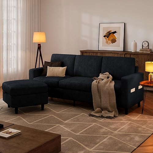 Miniatura 7 de Sofás seccionales para sala de estar, sofá en forma de L con otomana de almacenamiento, sofá pequeño de pana con bolsillos laterales, moderno sofá