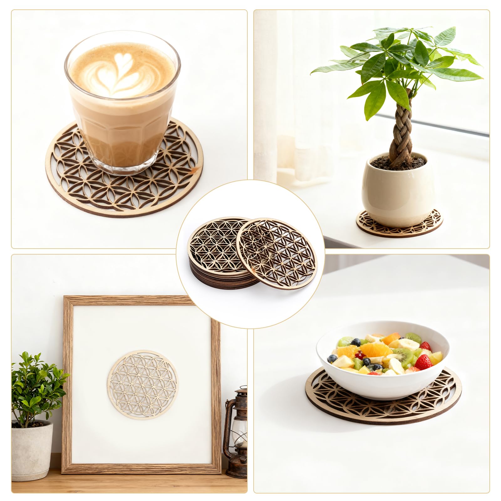 Flor de la Vida de Madera de Abedul, 10 PCS Flor de La Vida Posavasos Madera, Decoración de Pared de Flores de Vidas Flors de la Vidas de Maderas en un Juego para Meditación