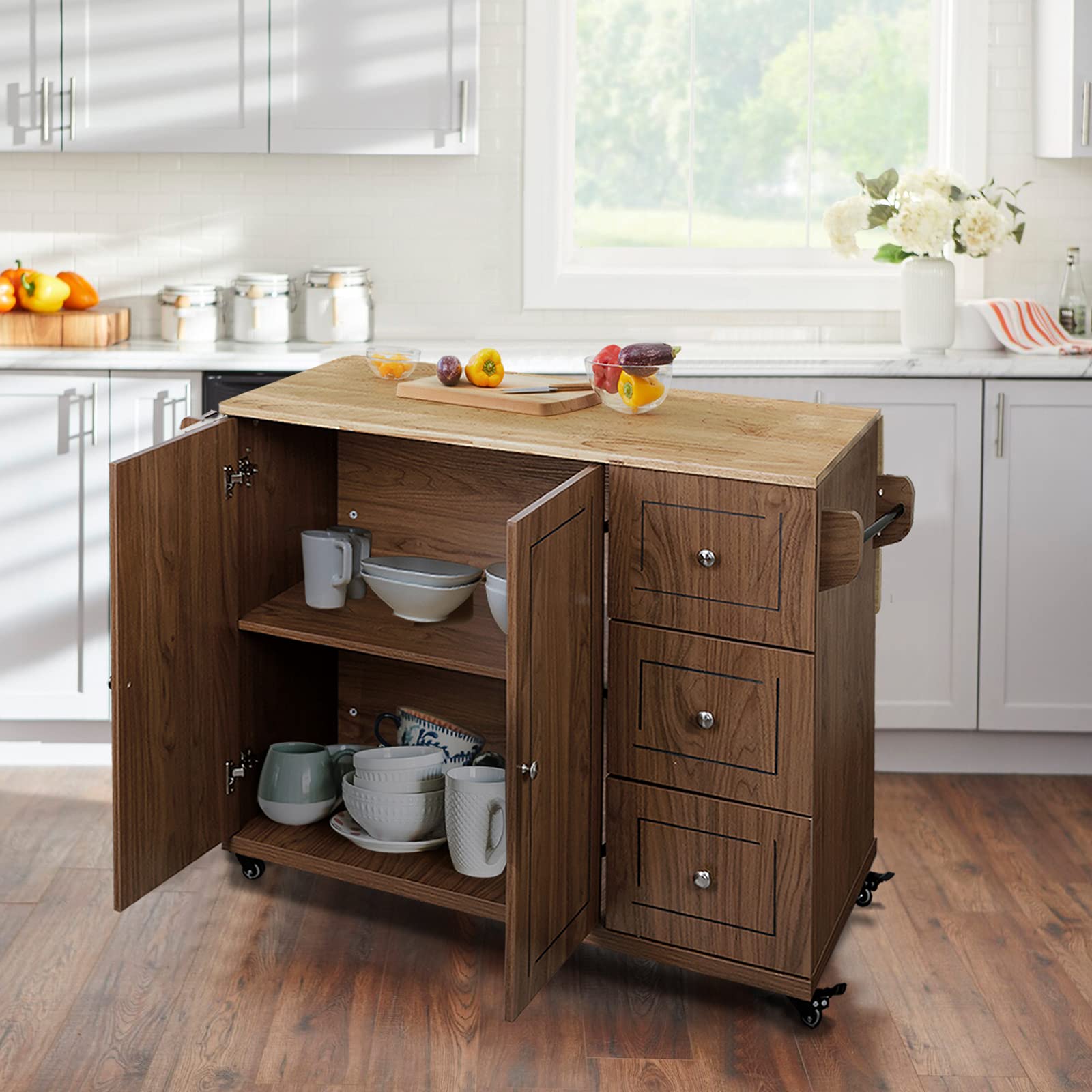 Kitchen Island Cart, Kitchen Trolley Carts with Drop Leaf Tabletop