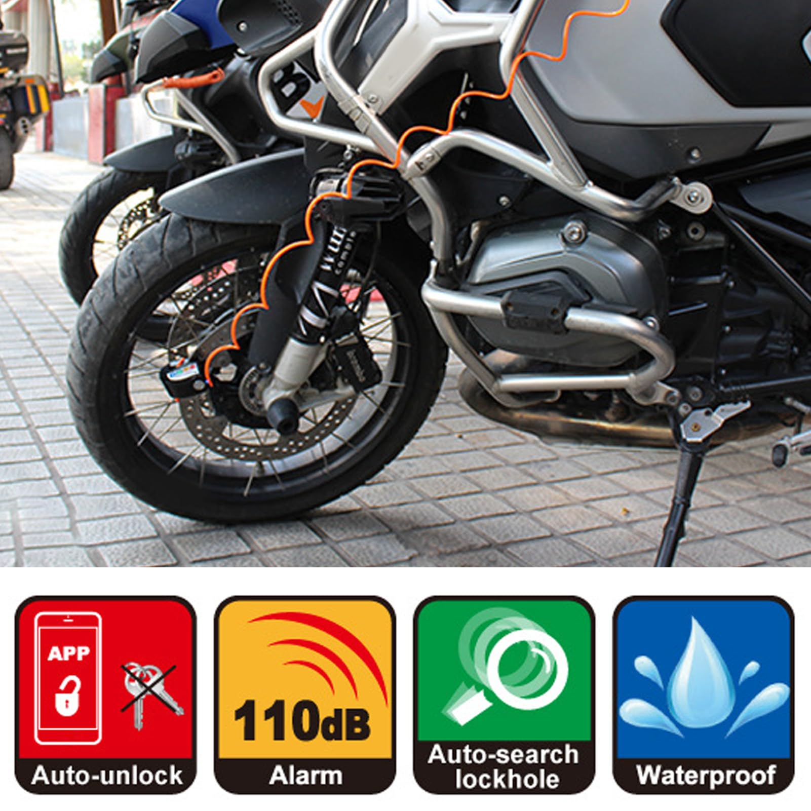 Fockety Bloque-Disque D'alarme, Contrôle par Application BT, Antivol Intelligent pour Frein de Moto avec Câble de Rappel, Goupille de Verrouillage de 0,22 Pouces, Sac de Transport,