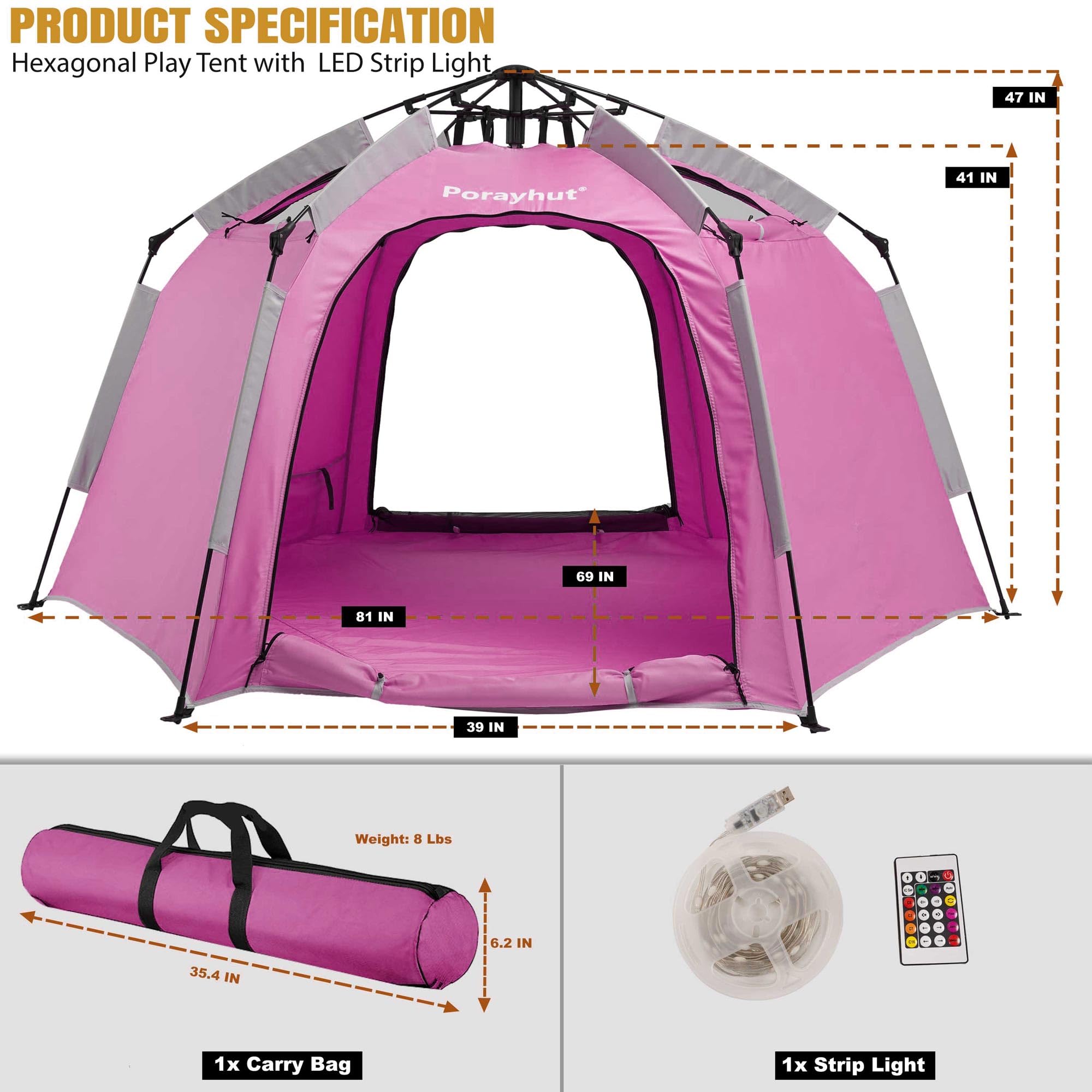 Portable Hexagon Kids Play Tent with LED Strip Lights Indoor Children Play House Easy Set-up Space Dream Tent for Night 4-5 Person & Birthday Gifts : Toys & Games