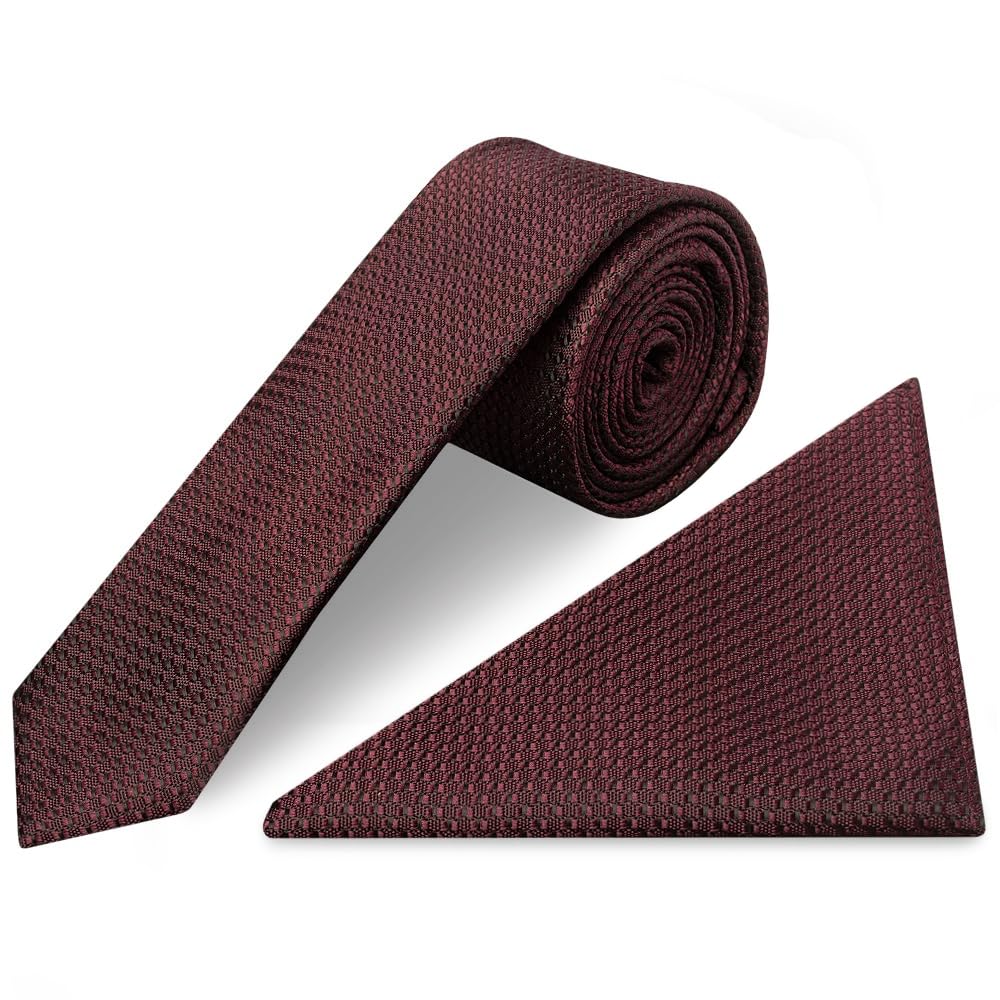 Ties R Us Men's Burgundy Red Burgundy Textured Skinny Tie And Pocket Square Set