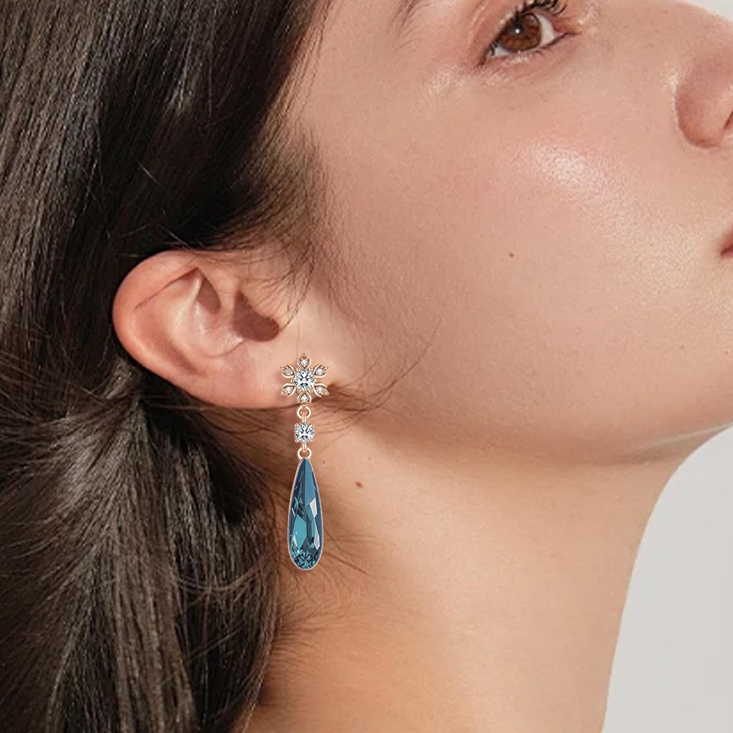 Austrian Crystal Teardrop Earrings Flower Dangle Earrings for Women 14K Gold Plated Drop Stud Earrings Hypoallergenic Jewelry - Image 2