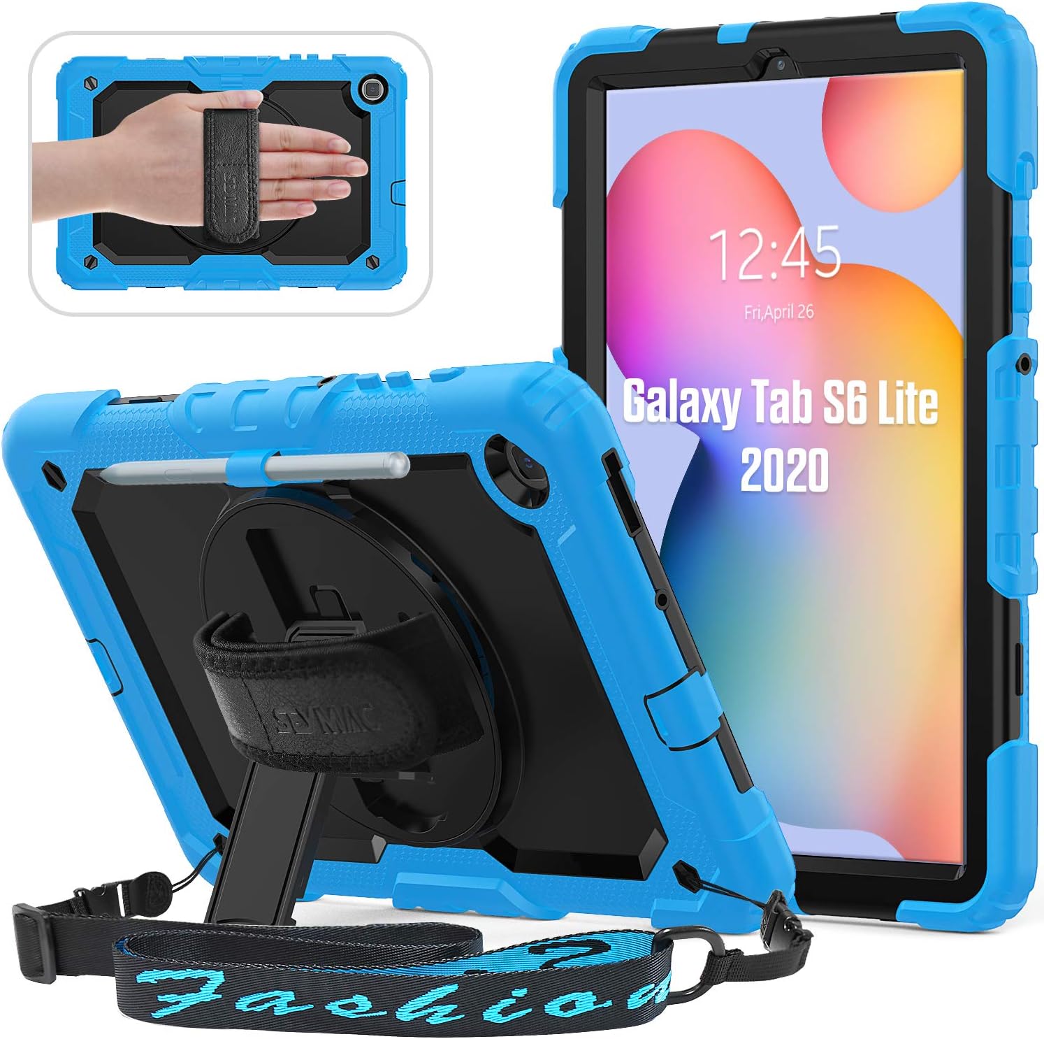 SEYMAC Case for Samsung Galaxy Tab S6 Lite 10.4 Inch 2024/2022/2020,Shockproof Case with 360 Rotating Stand/Hand Strap, [Shoulder Strap&Built-in Screen Protector] for Galaxy Tab S6 lite, Light Blue