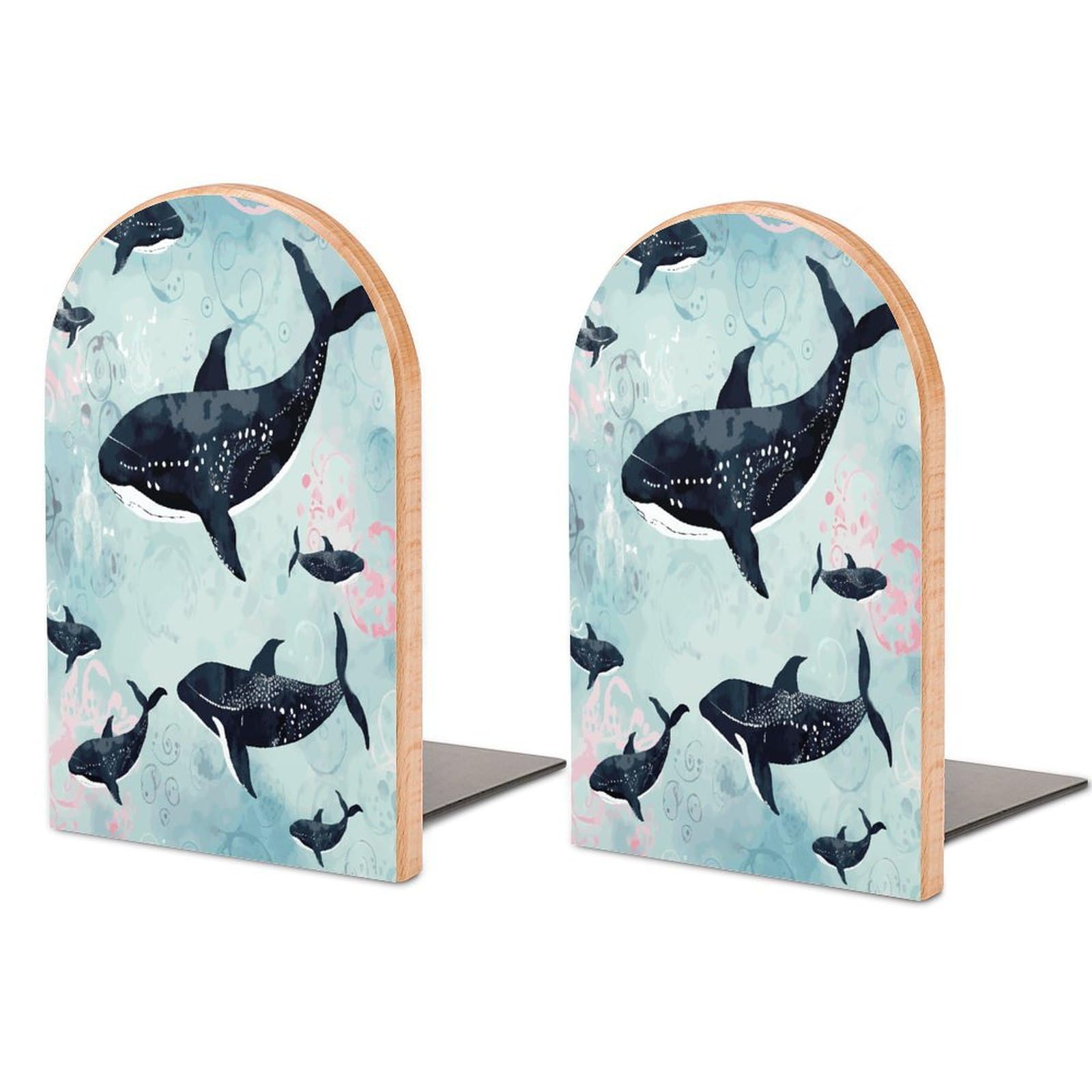 Whale Bookend for Shelves Non-Skid Book Holder Modern Heavy Duty Bookend Stopper Metal Base Wood Book End Books Shelf Holder Home Decorative 1pair 5x3.9x3.1