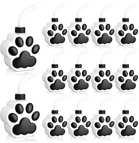 Zubebe 12 tazas de patas de perro con pajitas y tapas a granel de plástico reutilizables de 10 onzas para perros, lindo estampado de patas,