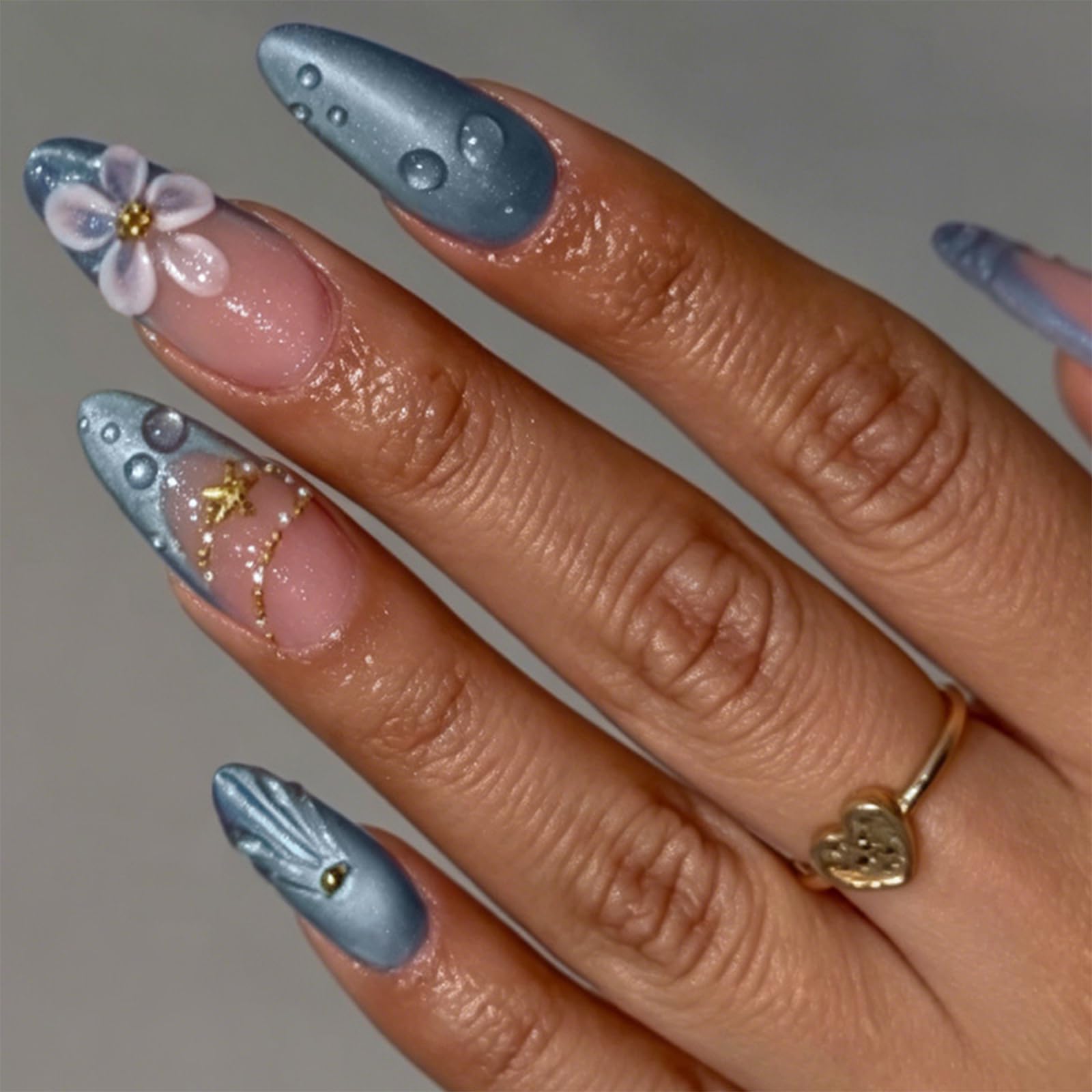 fexxkg False Tips Almond Shape Blue French Manicure Set with 3D Flower Gold Sea Charm Design, 30 Piece Set for Party Wedding Da
