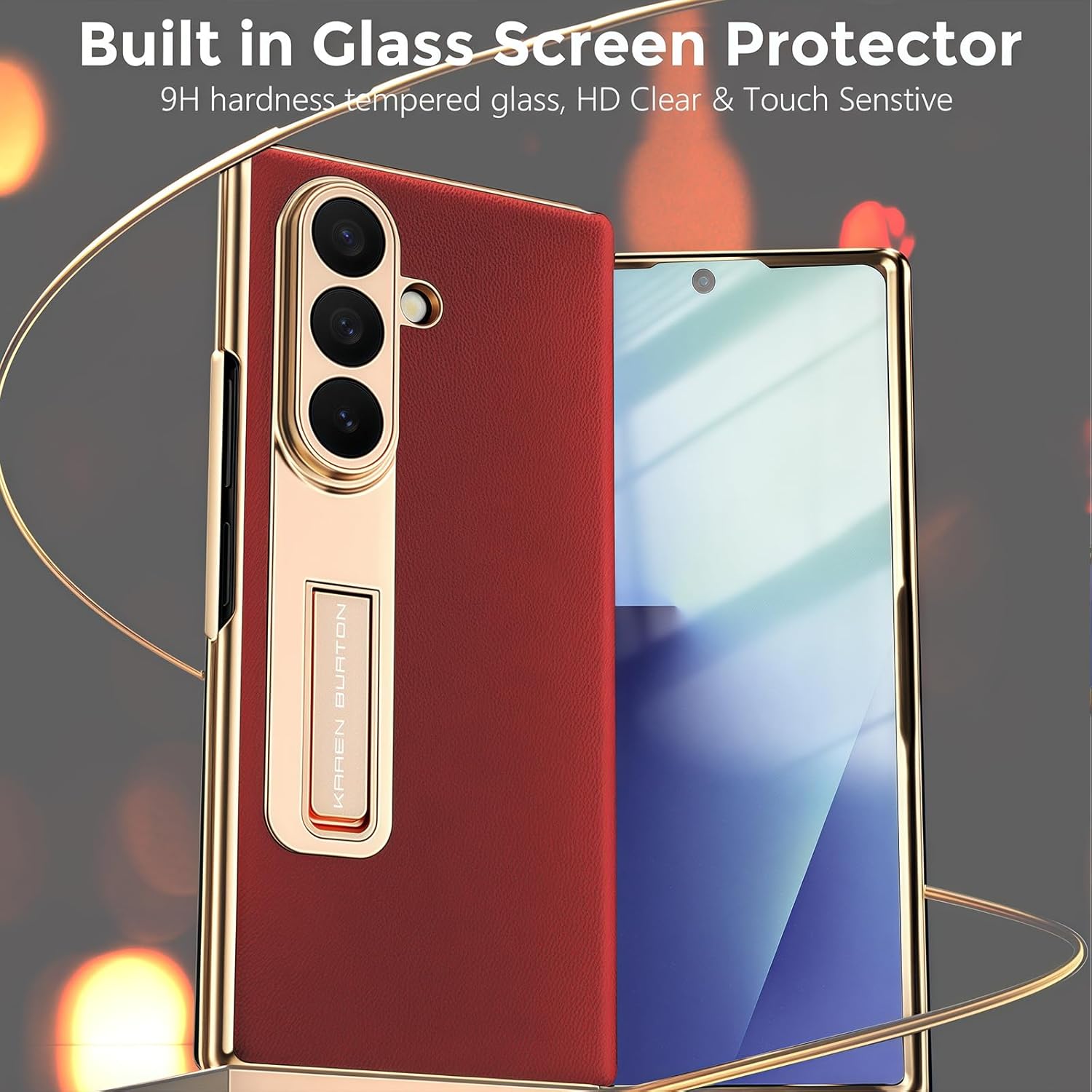 for Samsung Galaxy Z Fold 7 Case with Stand, Genuine Leather Case Phone Magnetic Hinge Protection Glass Front Screen Protector Full Coverage Shockproof Slim Fit Phone Cover for Z Fold 7 Red