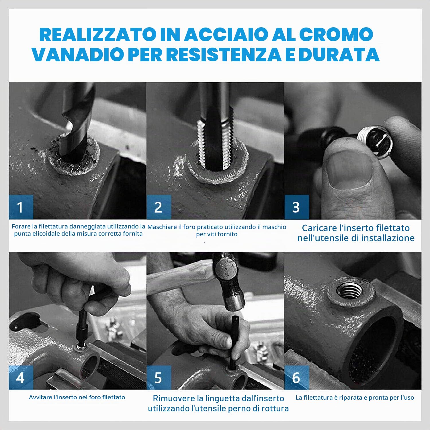 CCLIFE Kit di Riparazione della Filettatura, helicoil Set Filettatura Interna Manicotto Inserti 131 Pezzi M5 M6 M8 M10 M12