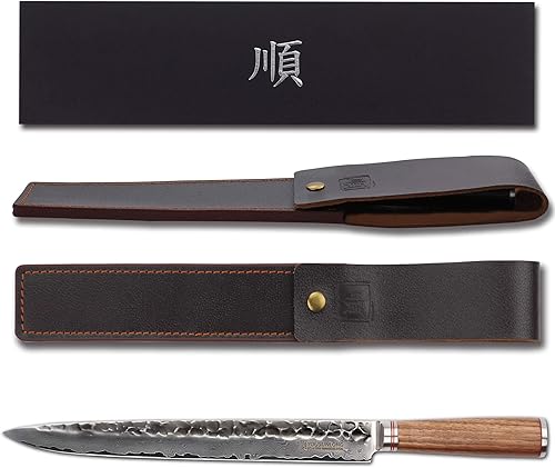 Miniatura 3 de YOUSUNLONG Cuchillo de filete de 12 pulgadas Max Yanagi Cuchillo Plus Sashimi japonés martillado acero Damasco mango de madera de nogal natural con
