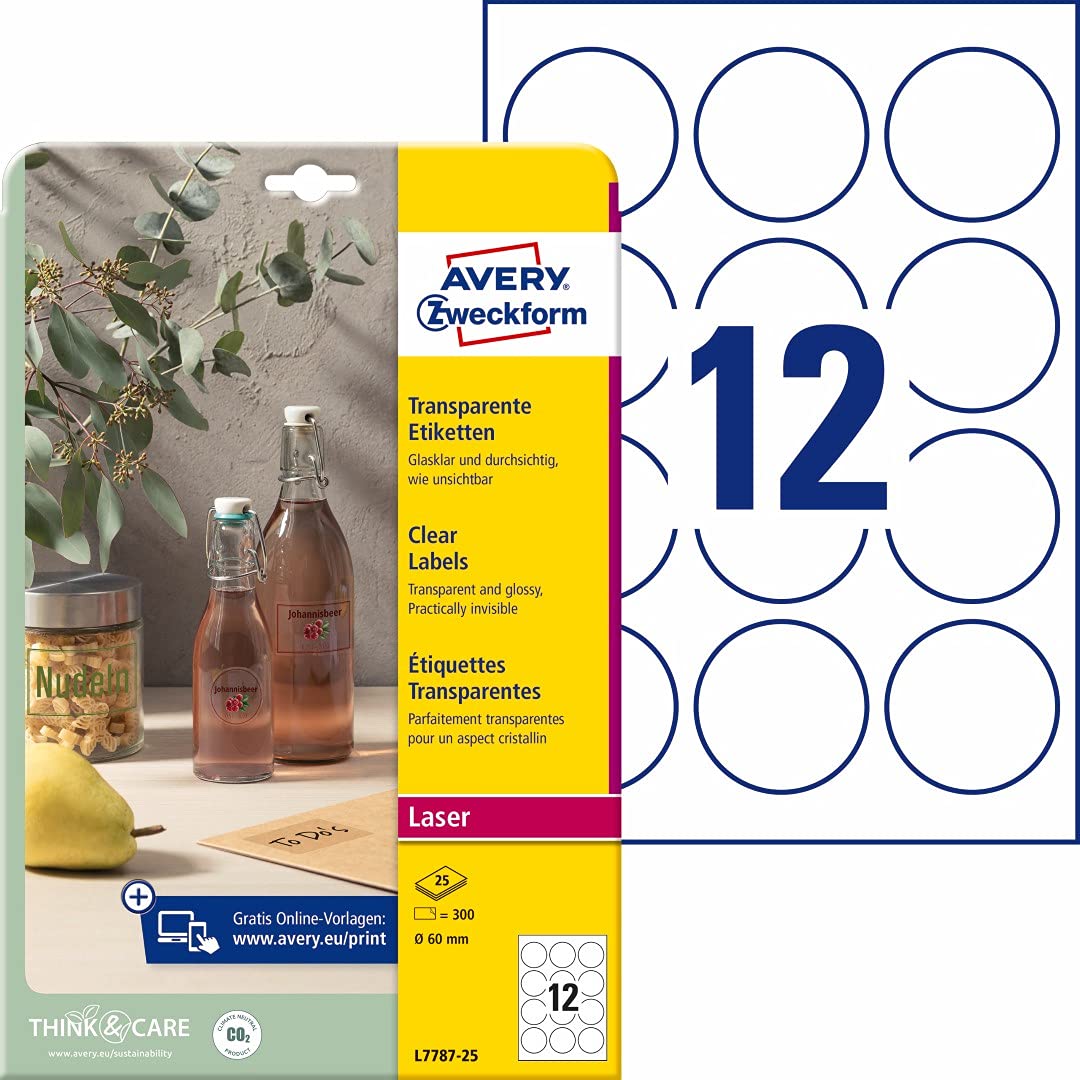 AVERY Zweckform Etichette trasparenti rotonde (300 punti adesivi, Ø 60 mm su A4, autoadesive, resistenti alle intemperie, etichettatura/adesivo per prodotto), 25 fogli, trasparenti