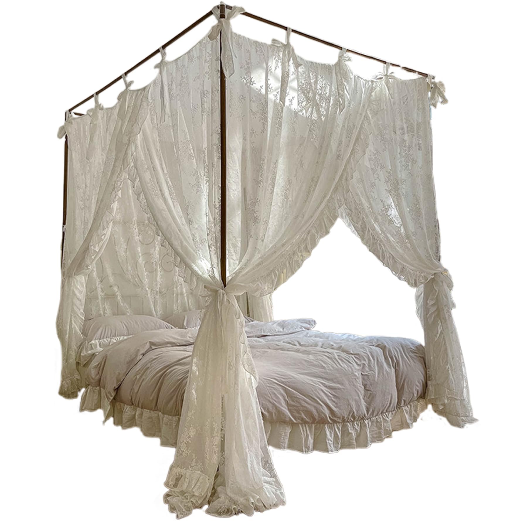 Pastoralist Canopy Bed Curtains, Three-Opening Lace Princess Bed Canopy, 4 Corner Post Hanging Bed Canopy Curtains with Ties Fit 4.92ft Bed, Canopy Bed Curtains