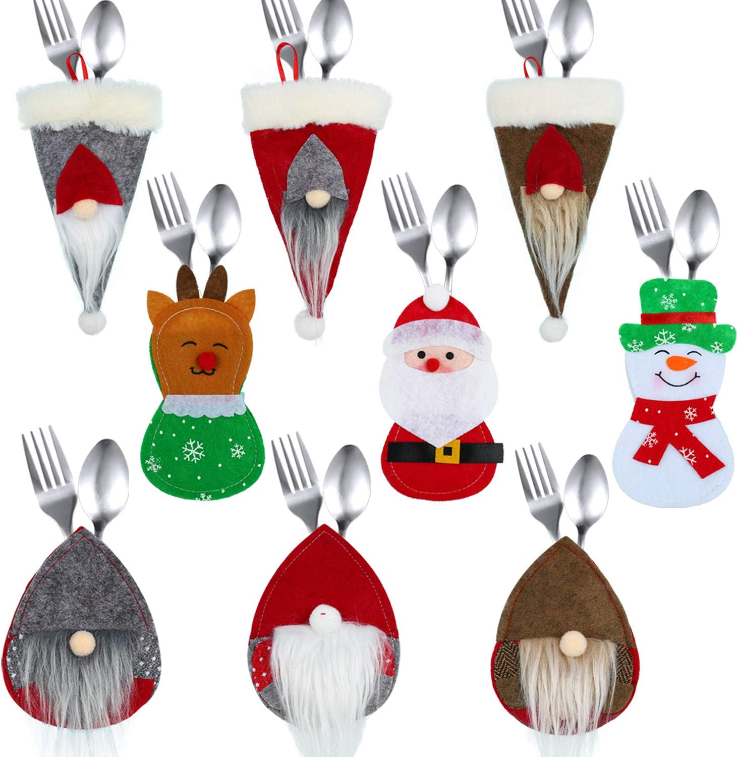 9Pcs Swedish Santa Gnome and Snowman Santa Claus Elk Christmas Knife and Fork Holder Cover Tableware Bag Cutlery Holder Plush Bag Christmas Party Table Dinner Decor